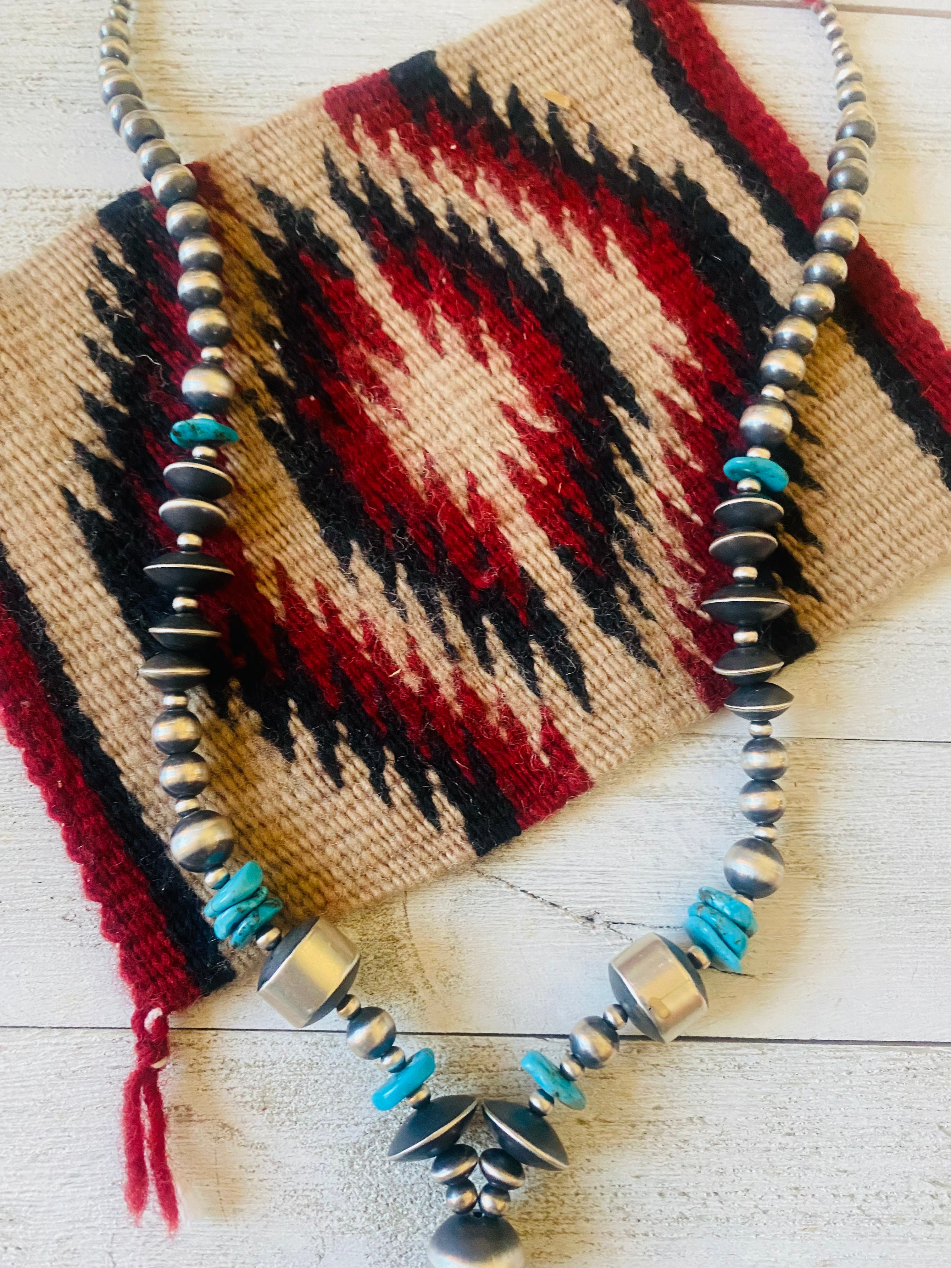 Handcrafted Turquoise & Sterling Silver Pearl Beaded Jacla Necklace