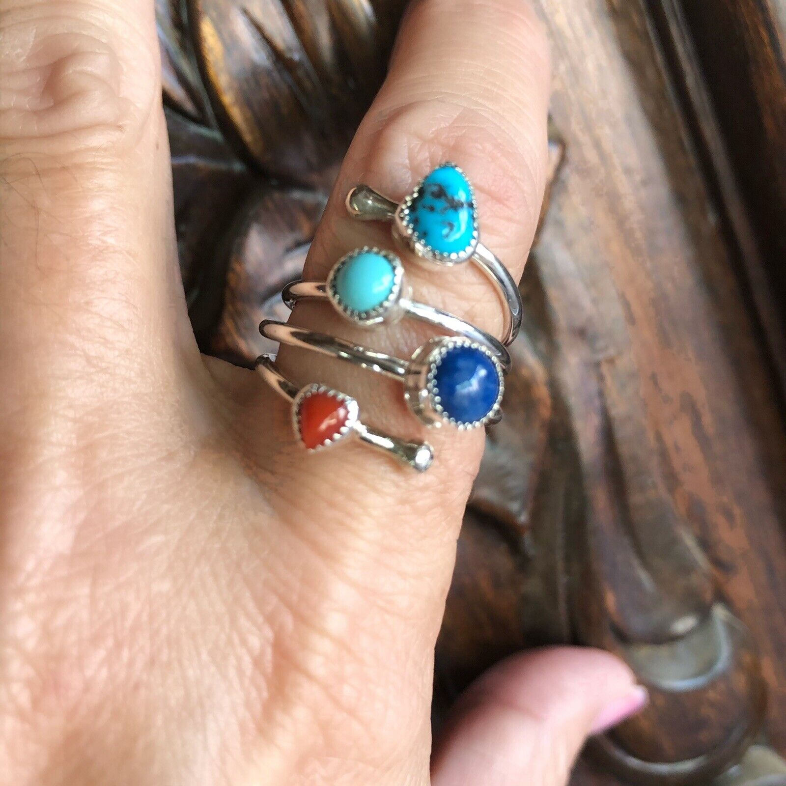 Handcrafted Turquoise, Lapis and Coral Sterling Silver ring
