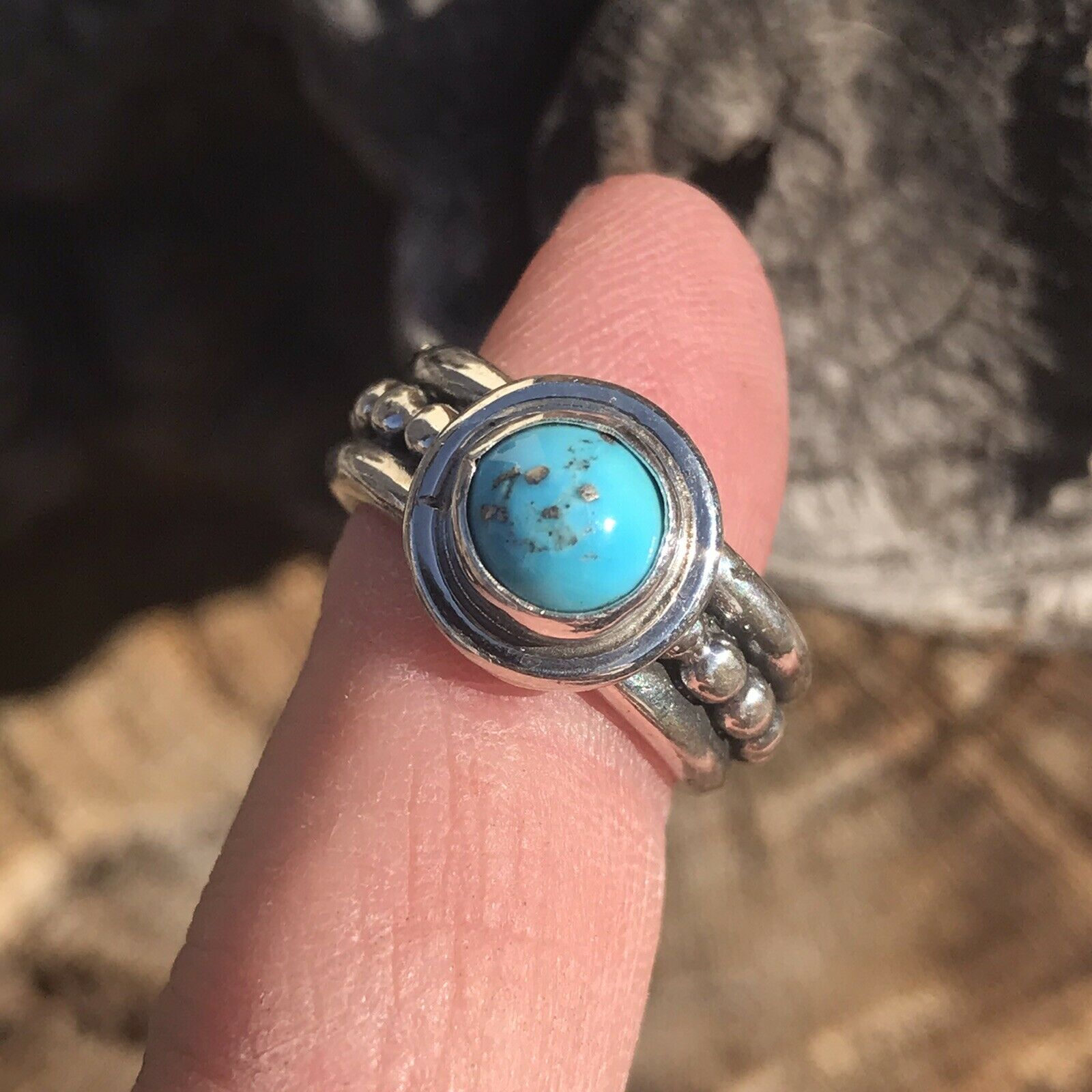 Handcrafted Kingman Turquoise & Sterling Silver Dotted Band Ring