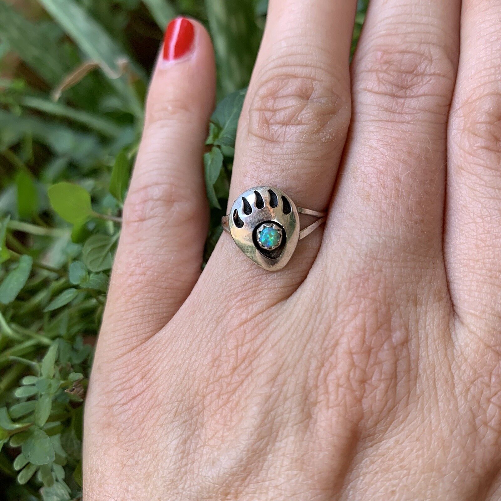 Handcrafted Sterling Silver & Green Opal Bear Paw Ring