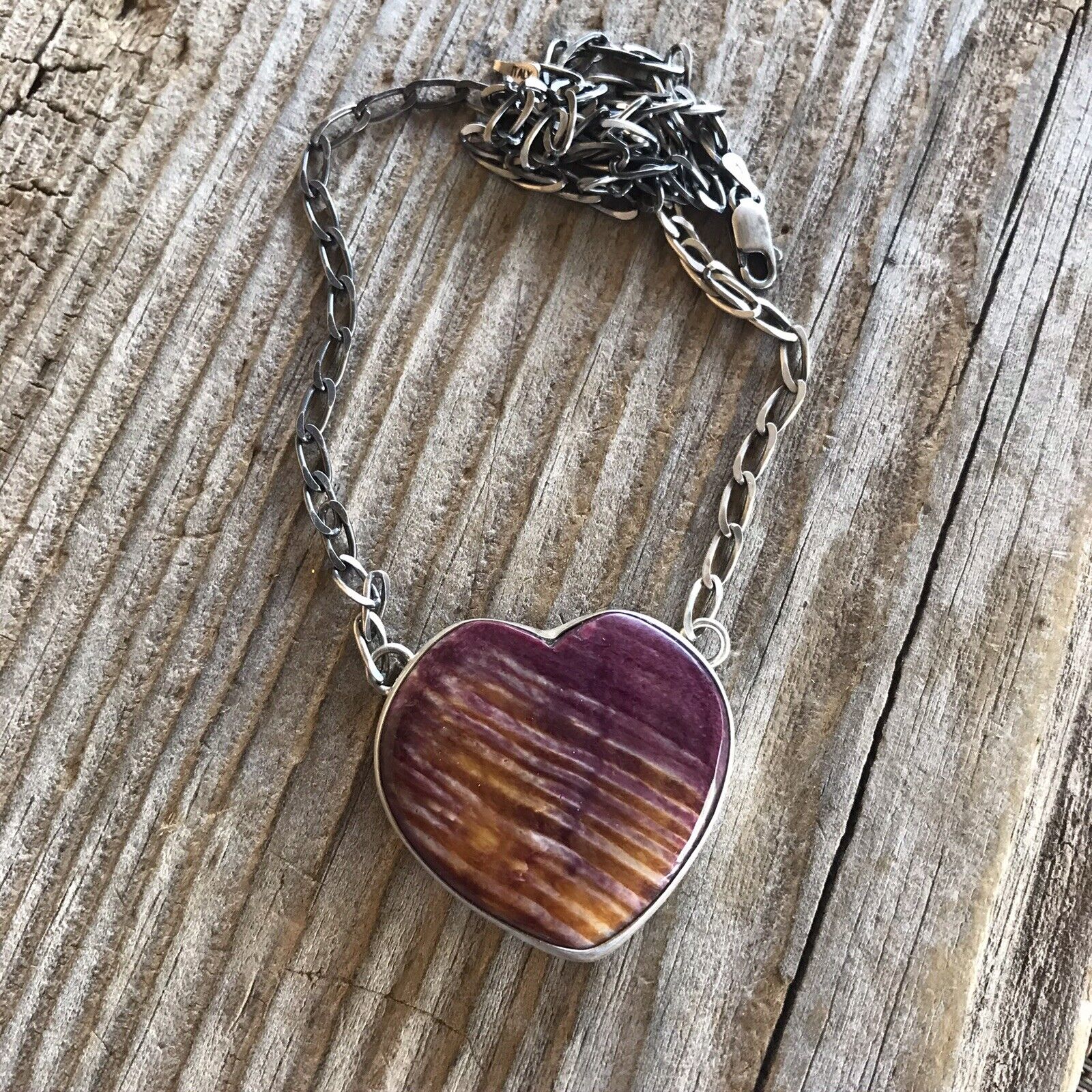 Handcrafted Purple Spiny And Sterling Silver Heart Necklace Signed