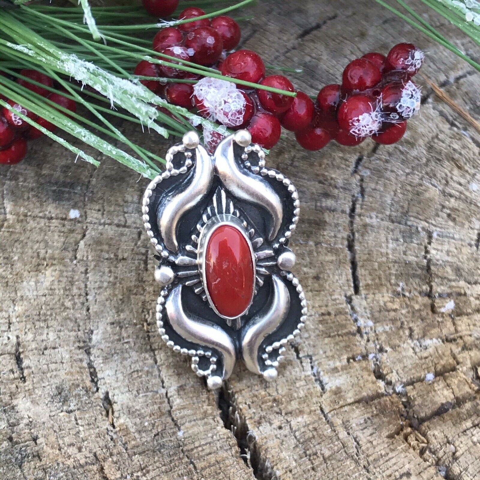 Handcrafted Sterling Silver Natural Red Coral Ring Artist L. James