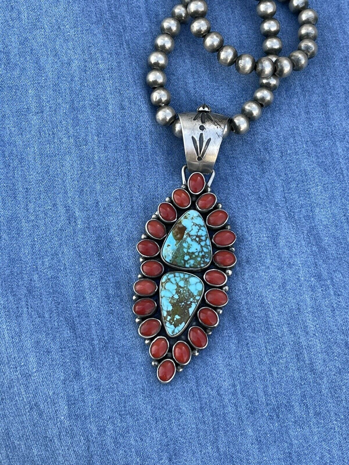 Handcrafted Sterling Silver 2 Stone Kingman Web Turquoise & Red Coral Taos Pendant