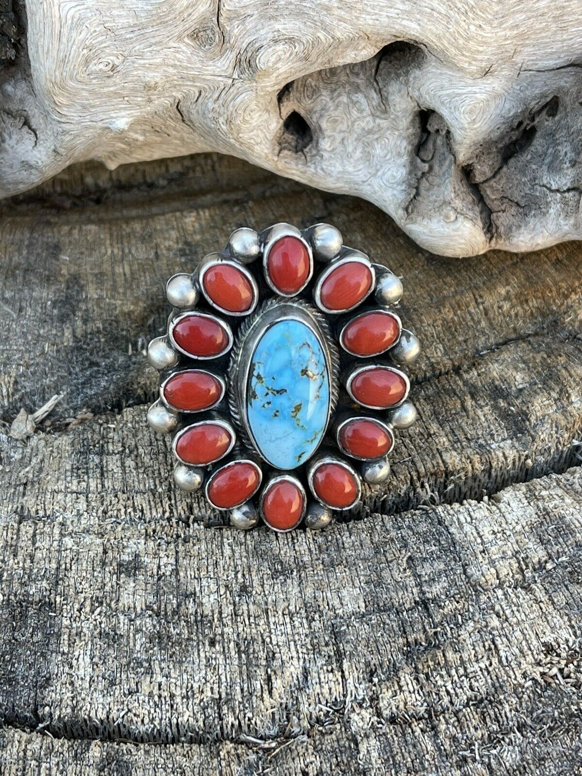 Handcrafted Sterling Silver Kingman Web Turquoise & Red Coral Taos Ring Sz 7.5