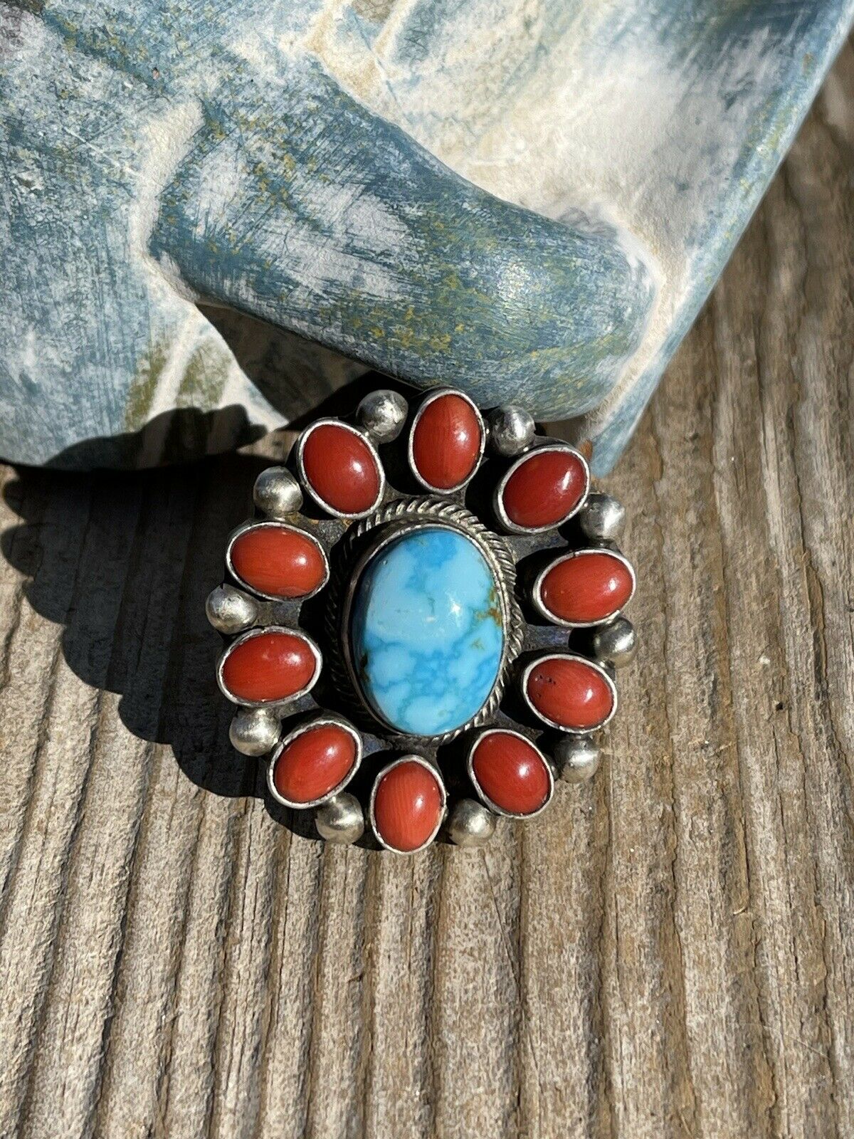 Handcrafted Sterling Silver Kingman Web Turquoise & Red Coral Taos Ring Sz 5.5