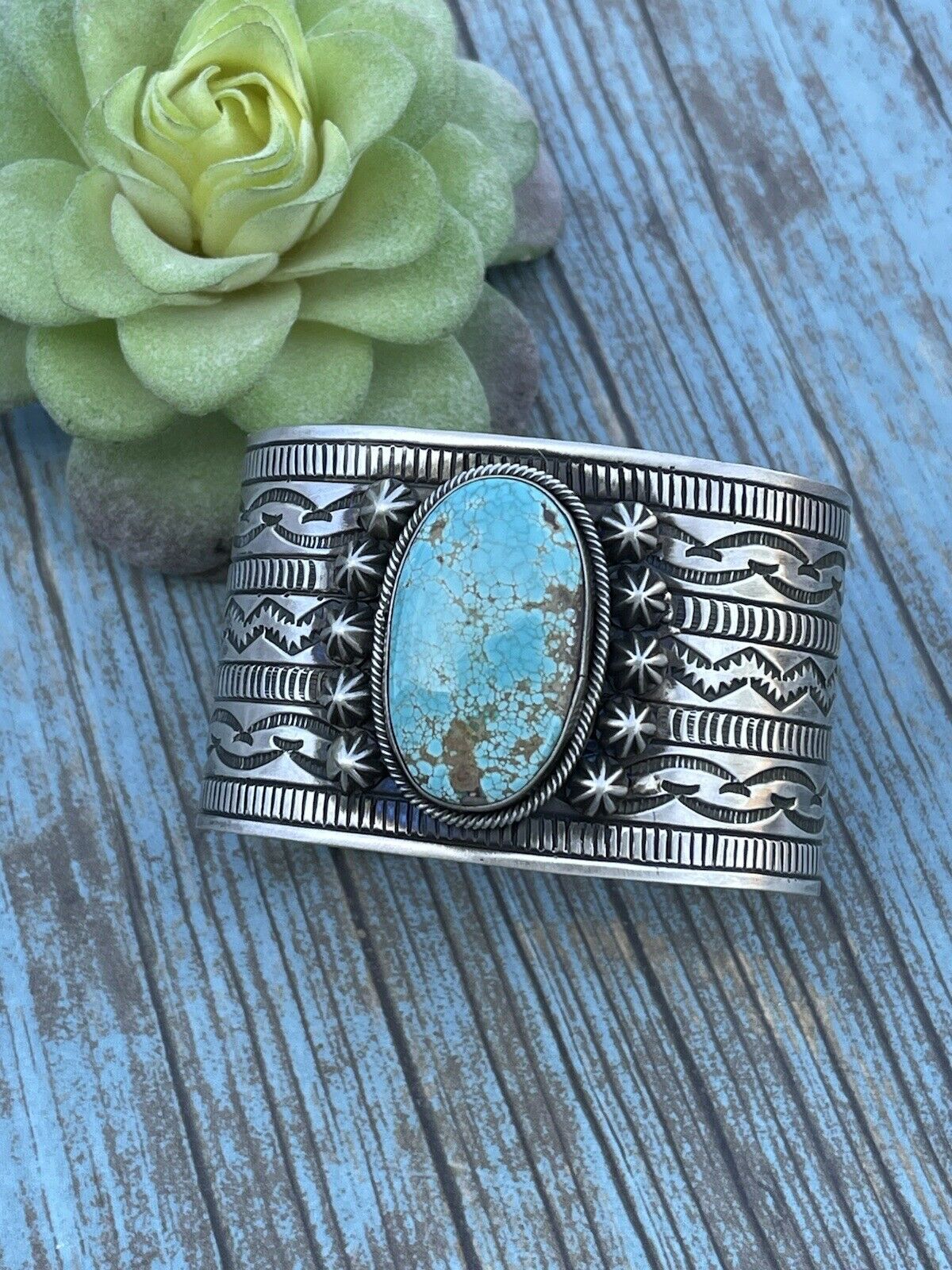 Handmade Sterling & Number 8 Turquoise Signed Cuff Signed Danny Clark