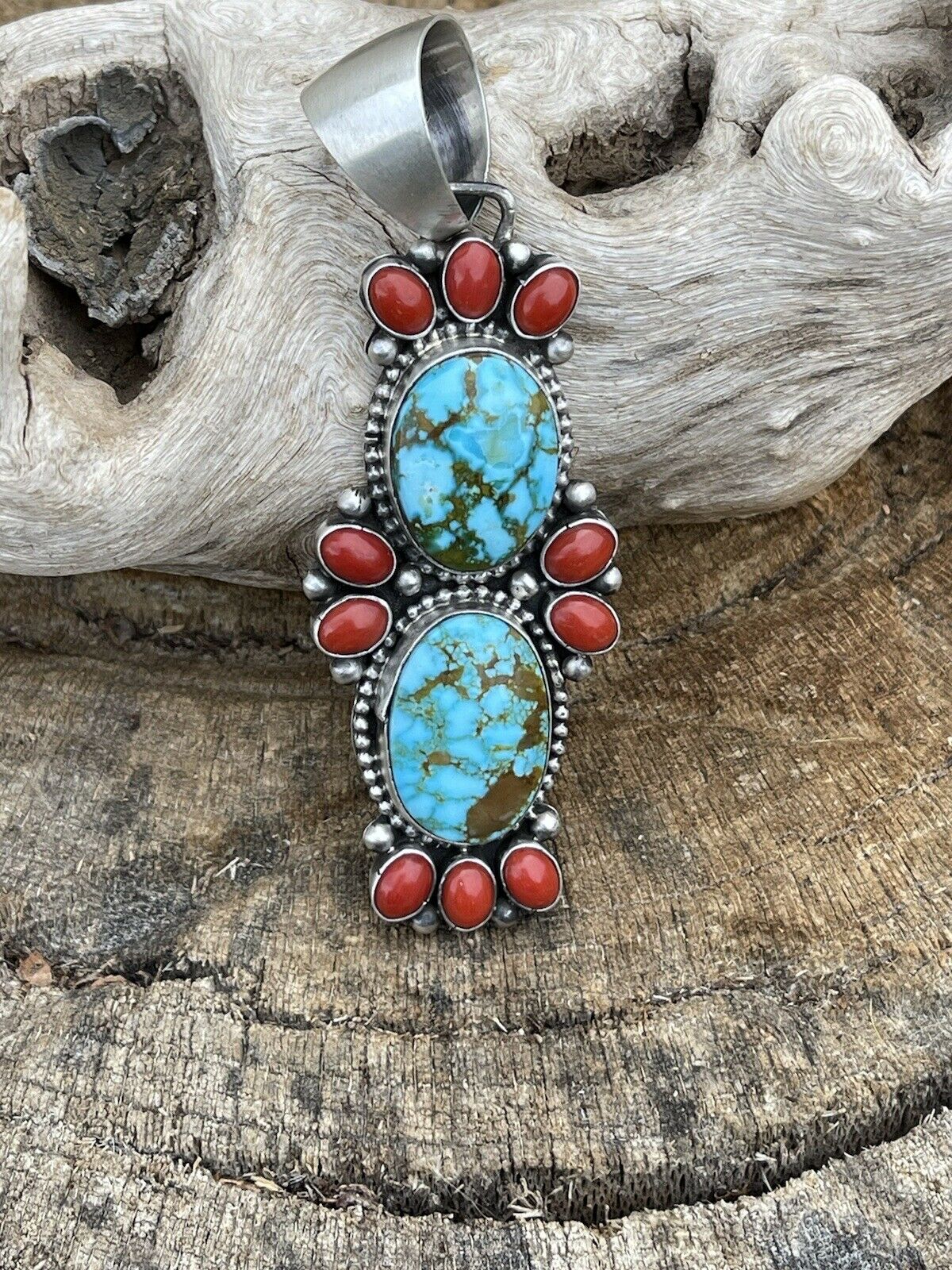 Handcrafted Sterling Kingman Web Turquoise & Red Coral Taos Pendant Bea Tom