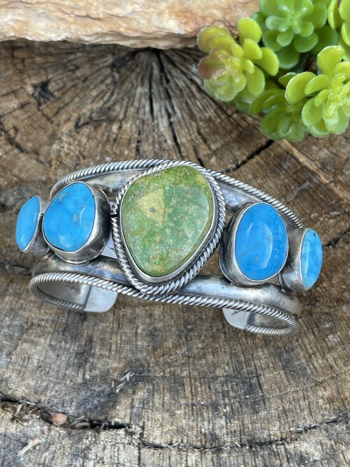 Navajo Sterling Sonoran Gold & Golden Hills Turquoise Cuff Bracelet Signed /