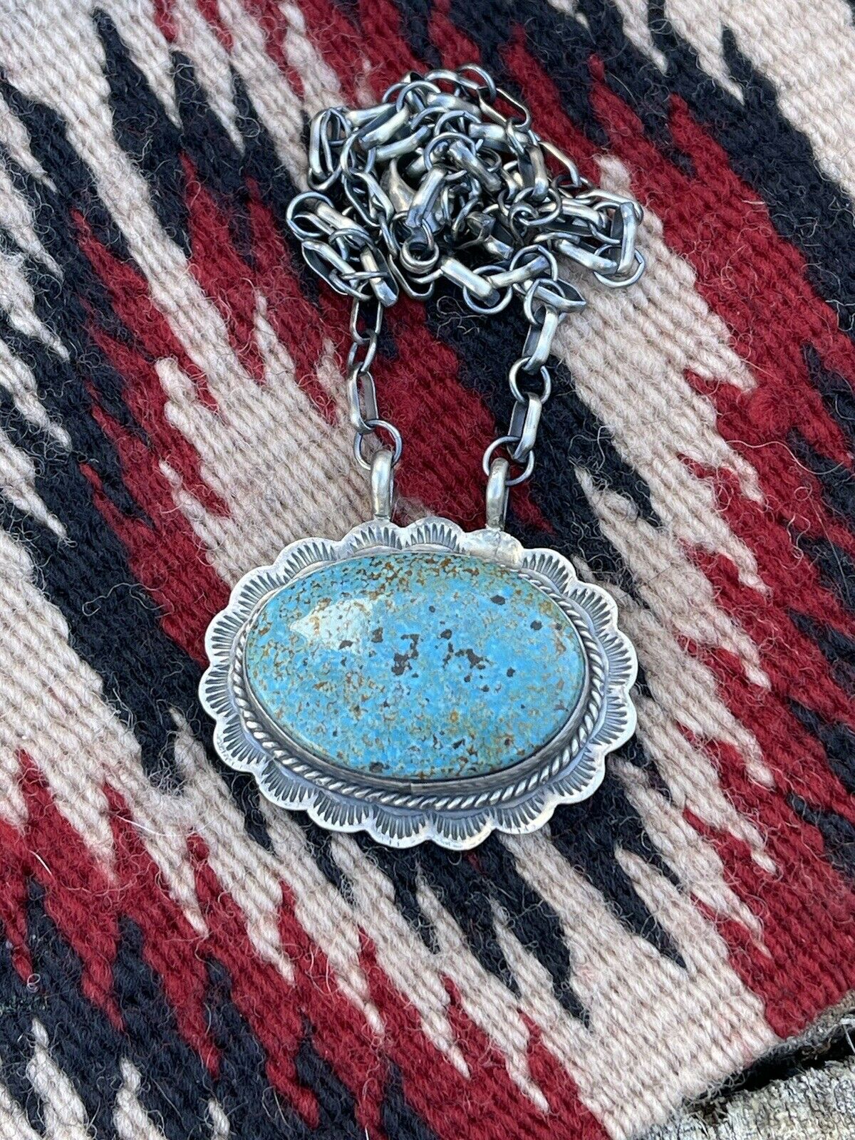 Handcrafted Sterling Silver & Royston Turquoise Stone Southwest Necklace Signed