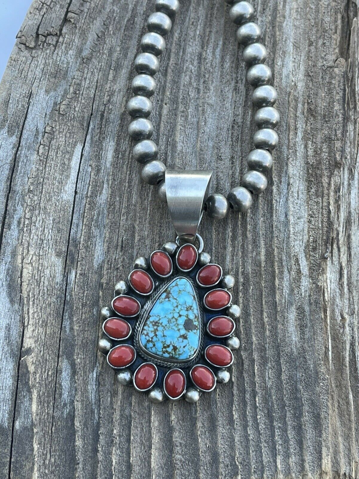 Handcrafted Sterling Kingman Web Turquoise & Red Coral Taos Pendant Kathleen Chavez