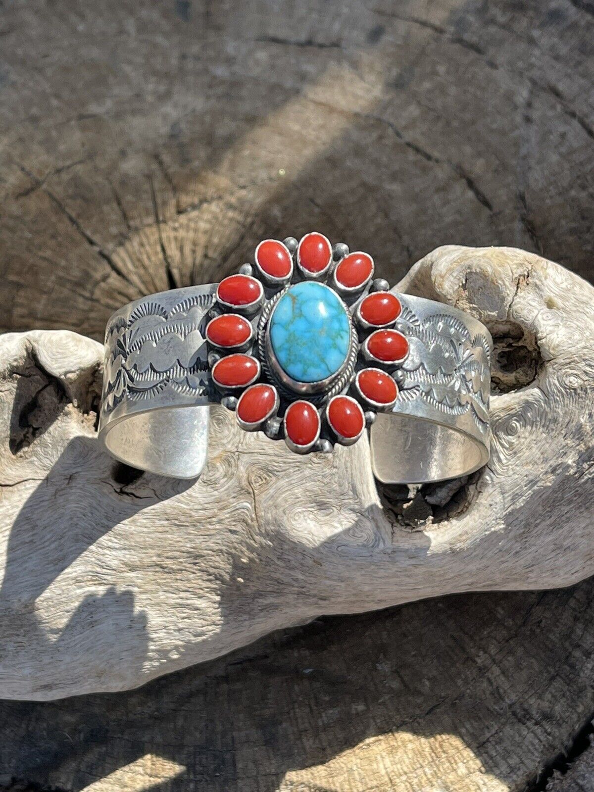 Navajo Sterling Kingman Web Turquoise & Red Coral Taos Bracelet Cuff by Bobby Johnson /
