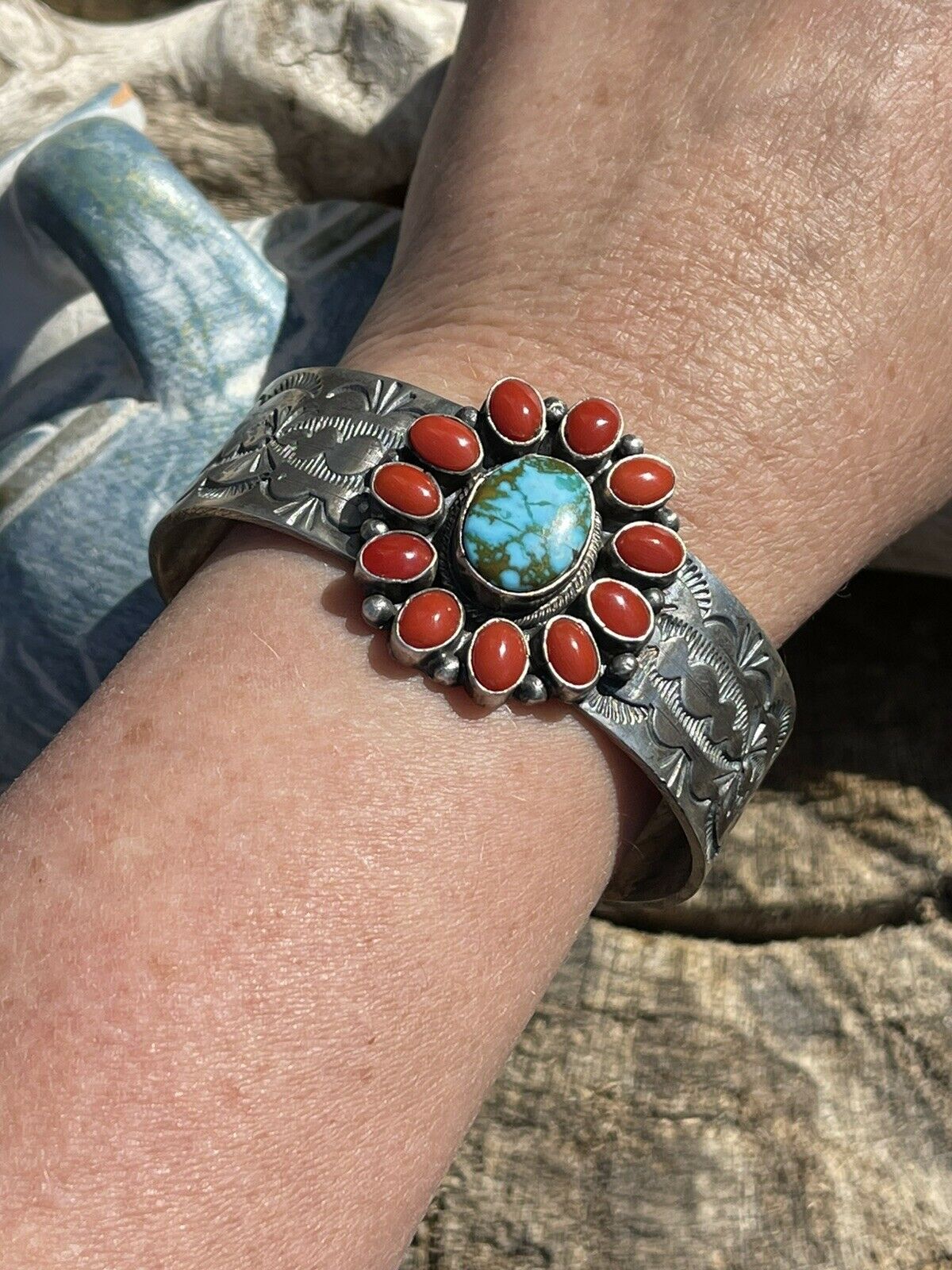 Navajo Sterling Kingman Web Turquoise & Red Coral Taos Bracelet Cuff by Bobby Johnson /