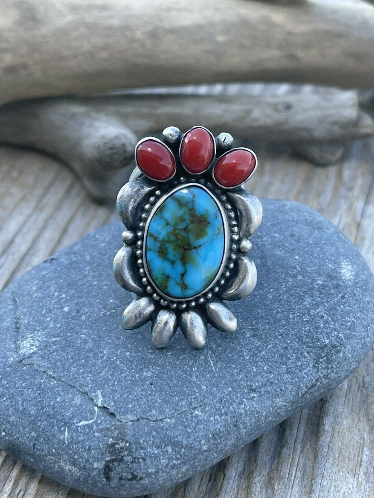 Handcrafted Sterling Silver Kingman Web Turquoise & Red Coral Taos Collection Ring Sz 6