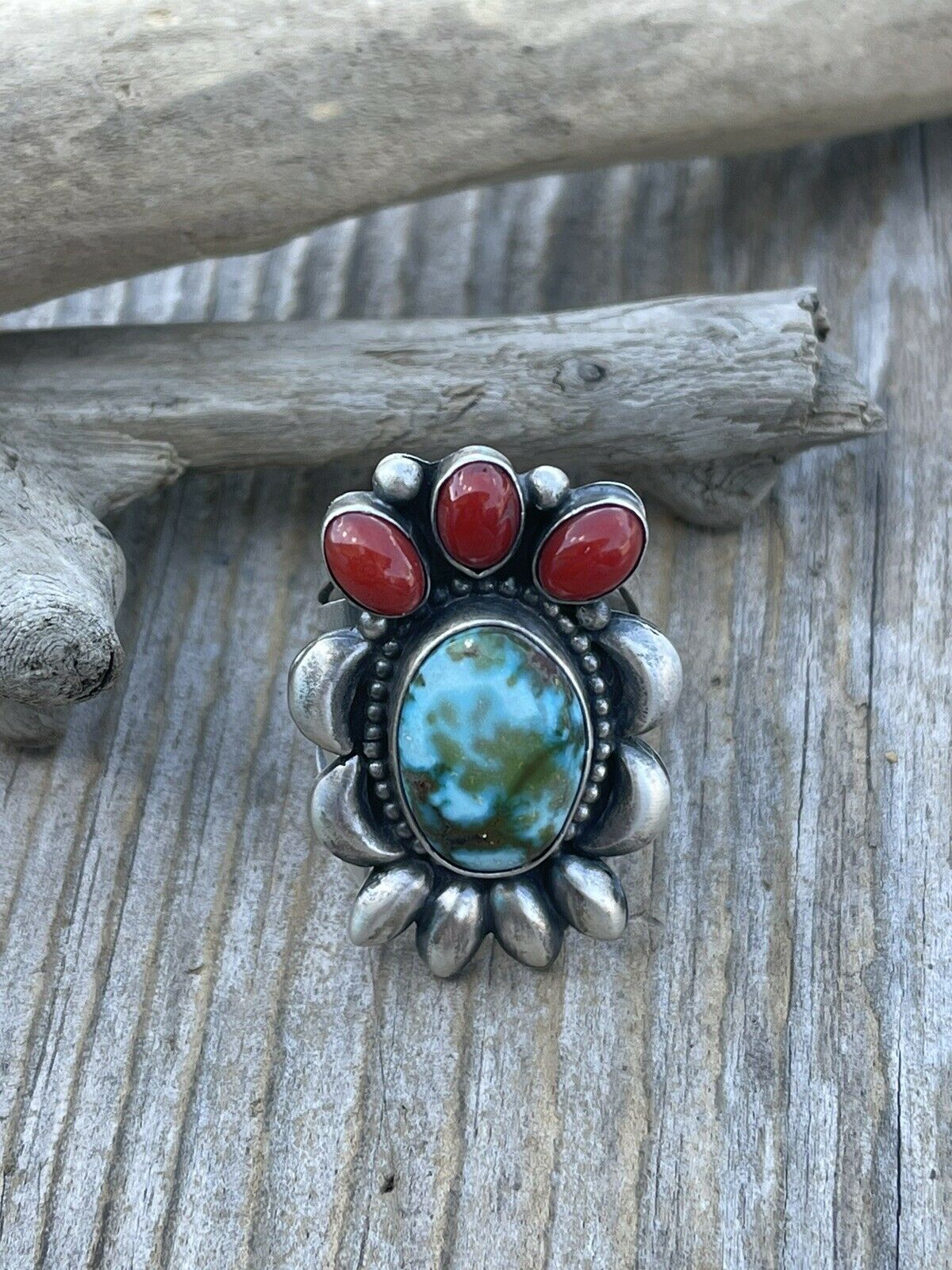 Handcrafted Sterling Silver Kingman Web Turquoise & Red Coral Taos Collection Ring Sz 8.5