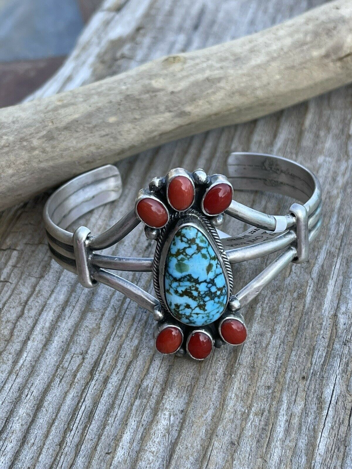 Navajo Sterling Kingman Web Turquoise & Red Coral Taos Bracelet Cuff by Bobby Johnson /