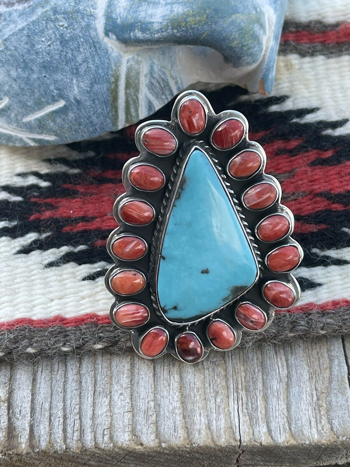 Handcrafted Cluster Fox Turquoise Spiny Sterling Silver Ring Sz Is Adjustable