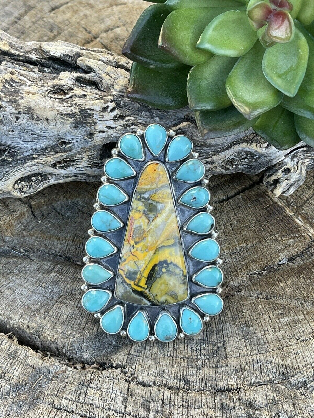 Handcrafted Sterling Silver Bumblebee and Turquoise Stone Ring Sz 8.5