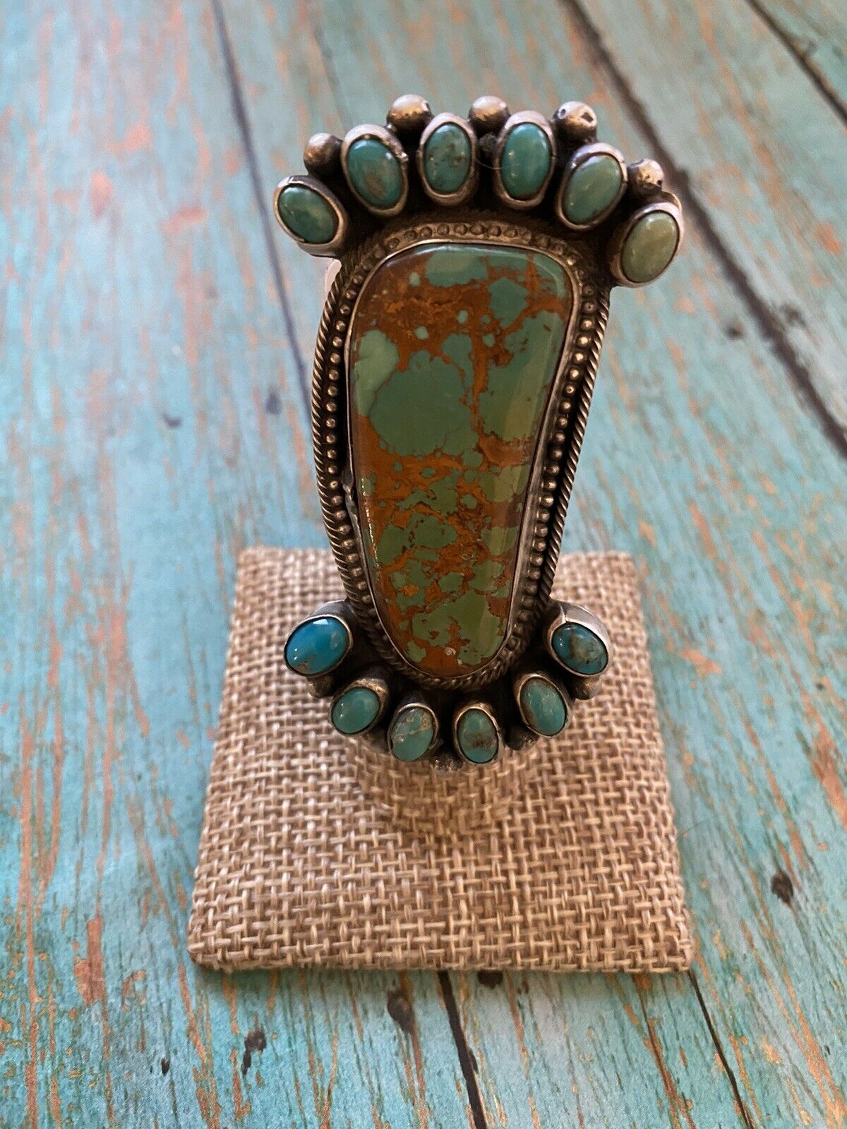 Handcrafted Sterling Royston And Carico Lake Turquoise Cluster Ring Size 7