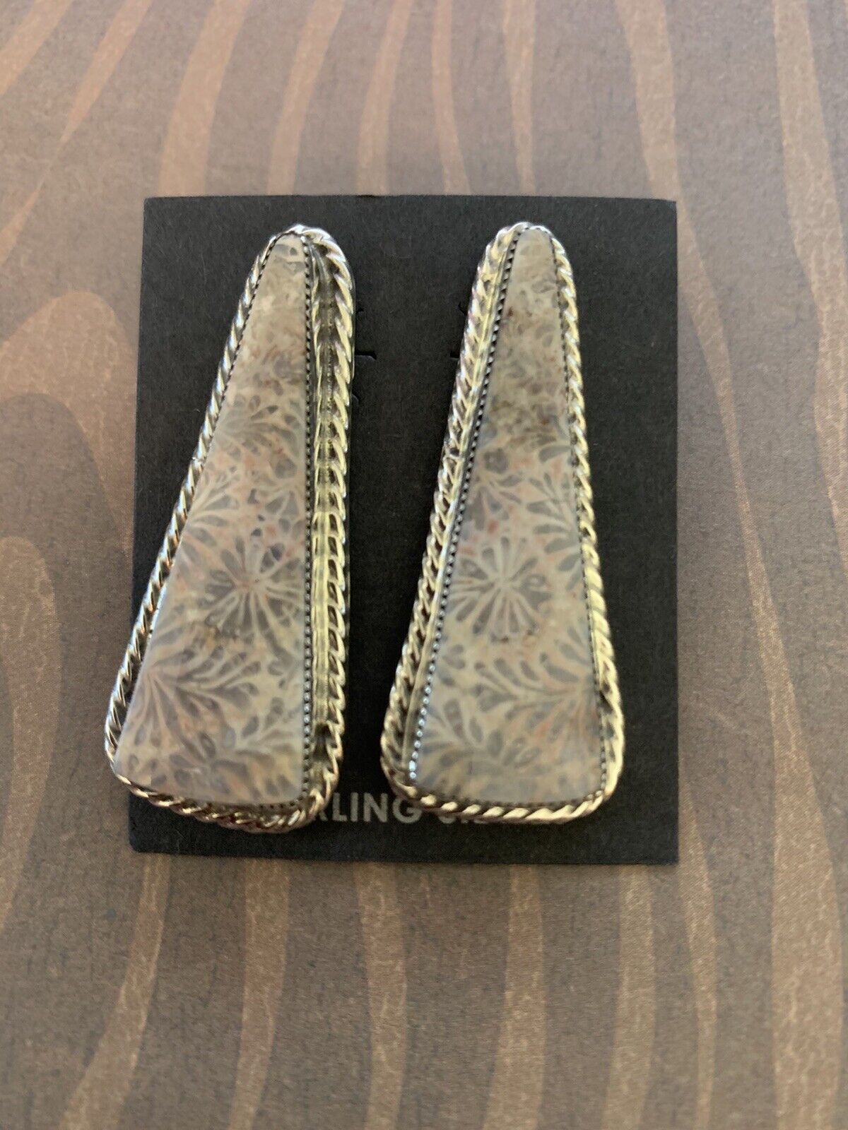 Handcrafted Fossilized Coral & Sterling Silver Post Earrings Signed