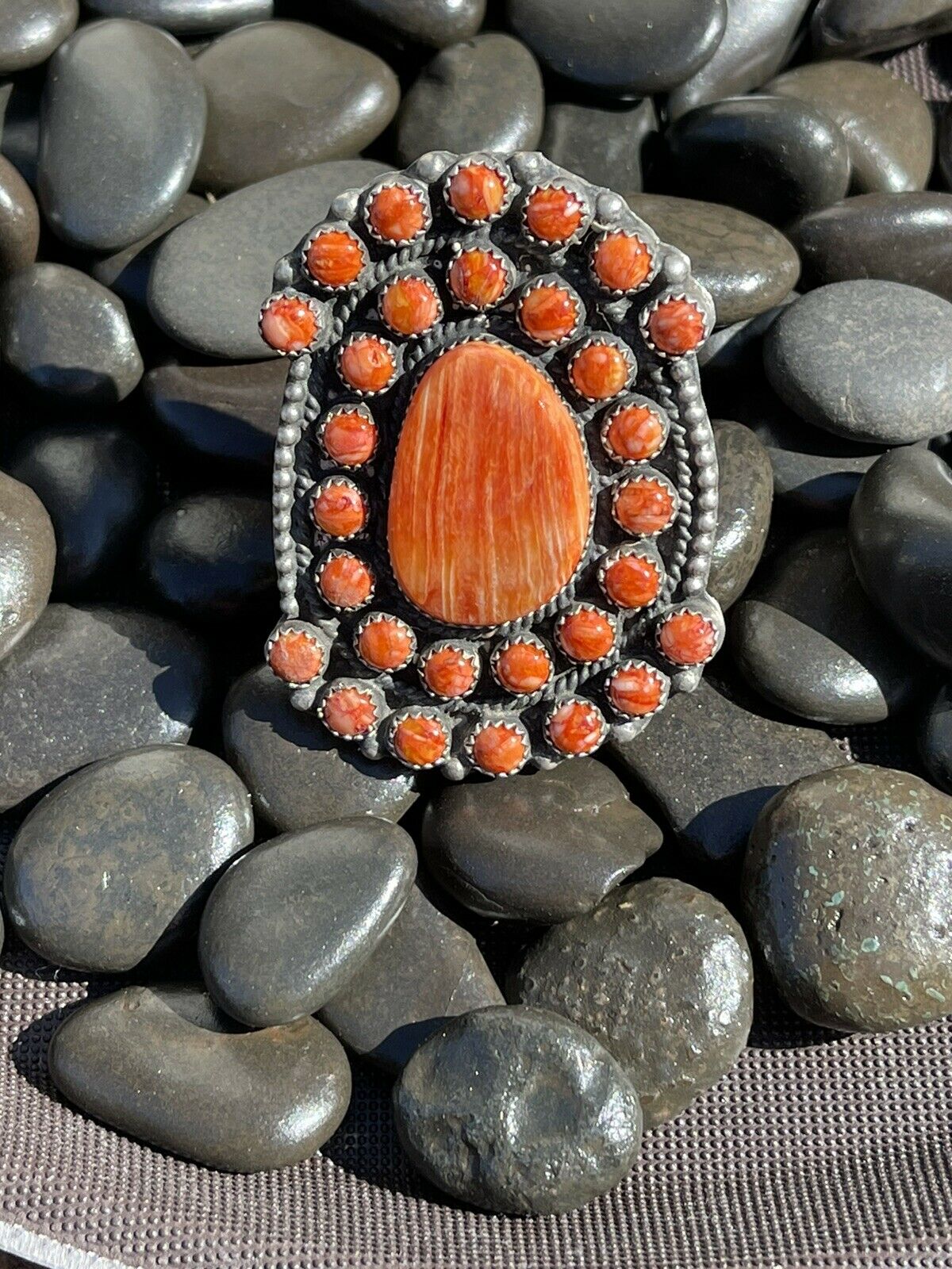 Handcrafted Sterling Silver Orange Spiny Cluster Jumbo Ring Sz 7.5