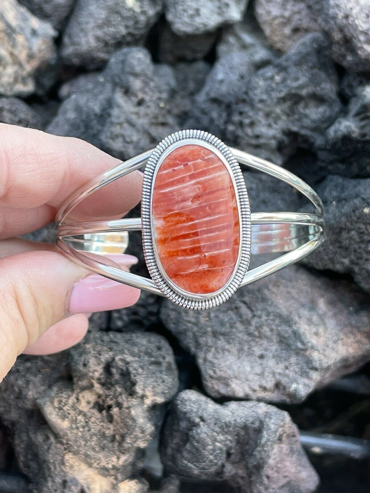 Handcrafted Orange Spiny Sterling Silver Cuff Bracelet Stamped Wydell Billie /