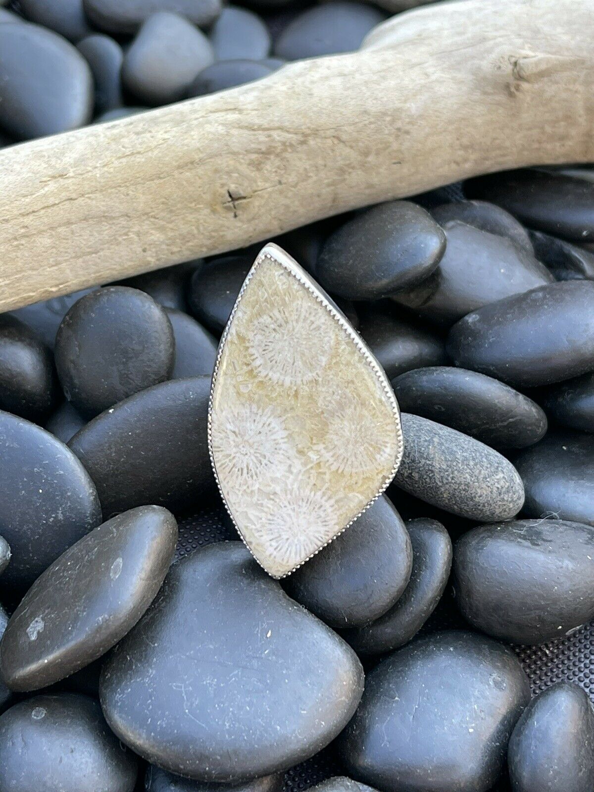 Handcrafted Fossilized Coral & Sterling Silver Adjustable Ring Signed