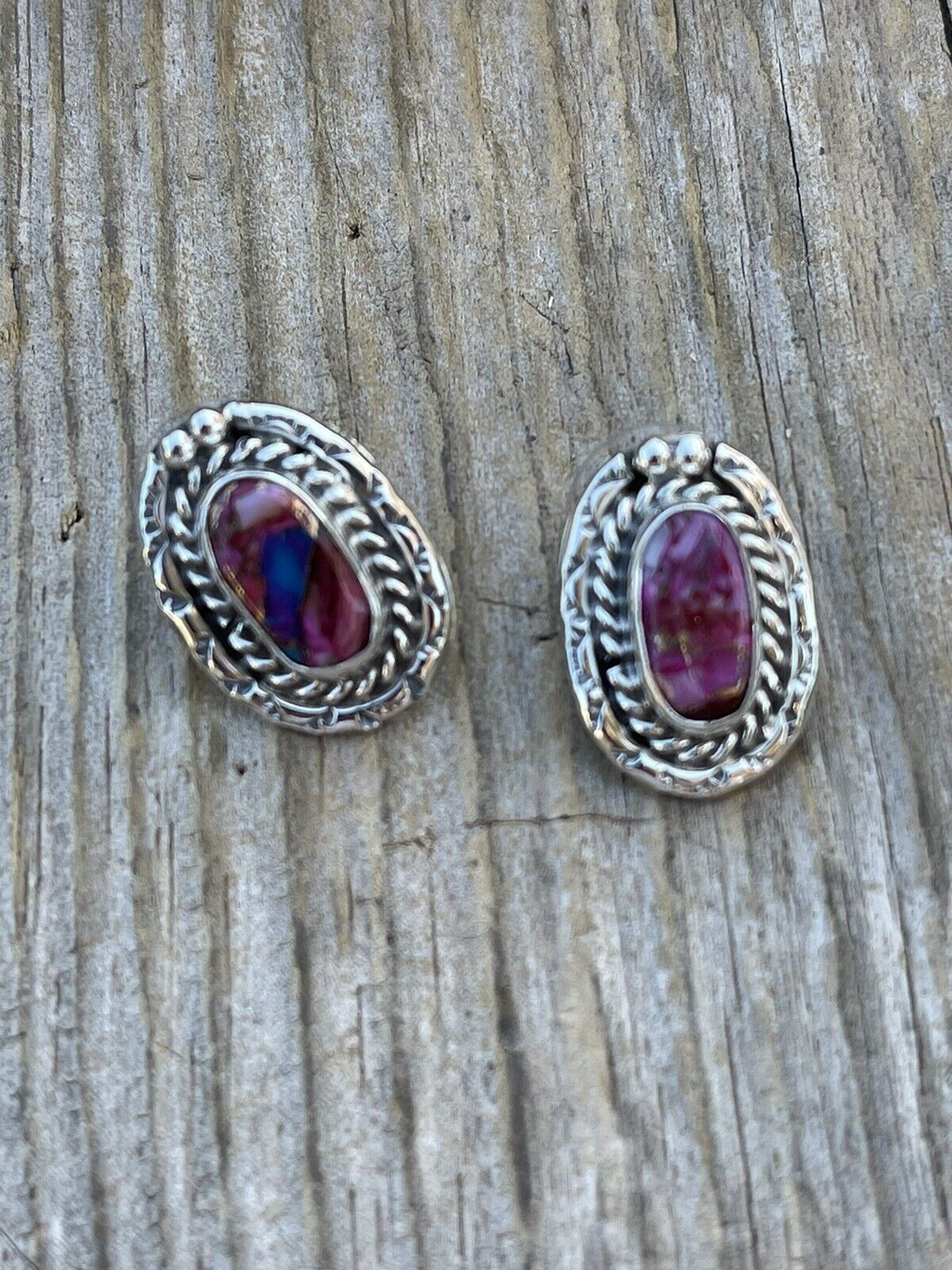 Handcrafted Pink Dream Mojave & Sterling Silver oval Stud Earrings