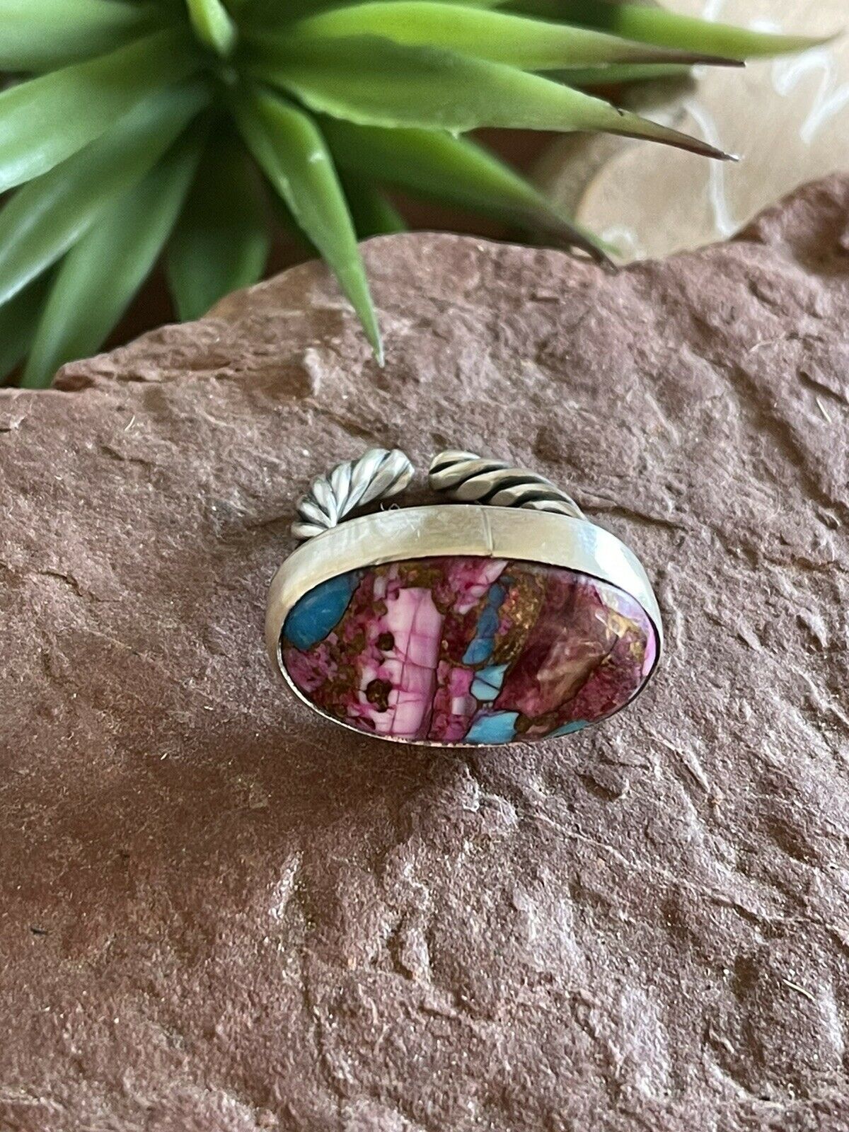 Handcrafted Pink Dream Mojave Oval Rope & Sterling Silver Adjustable Ring