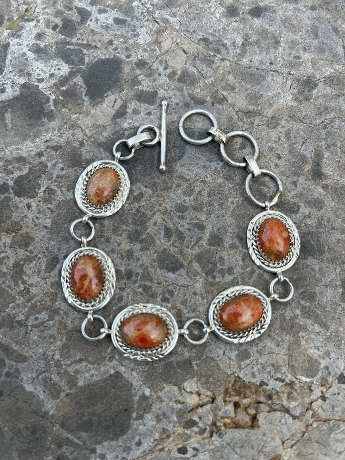 Handcrafted Rust Jasper & Sterling Silver Link Oval Southwest Bracelet