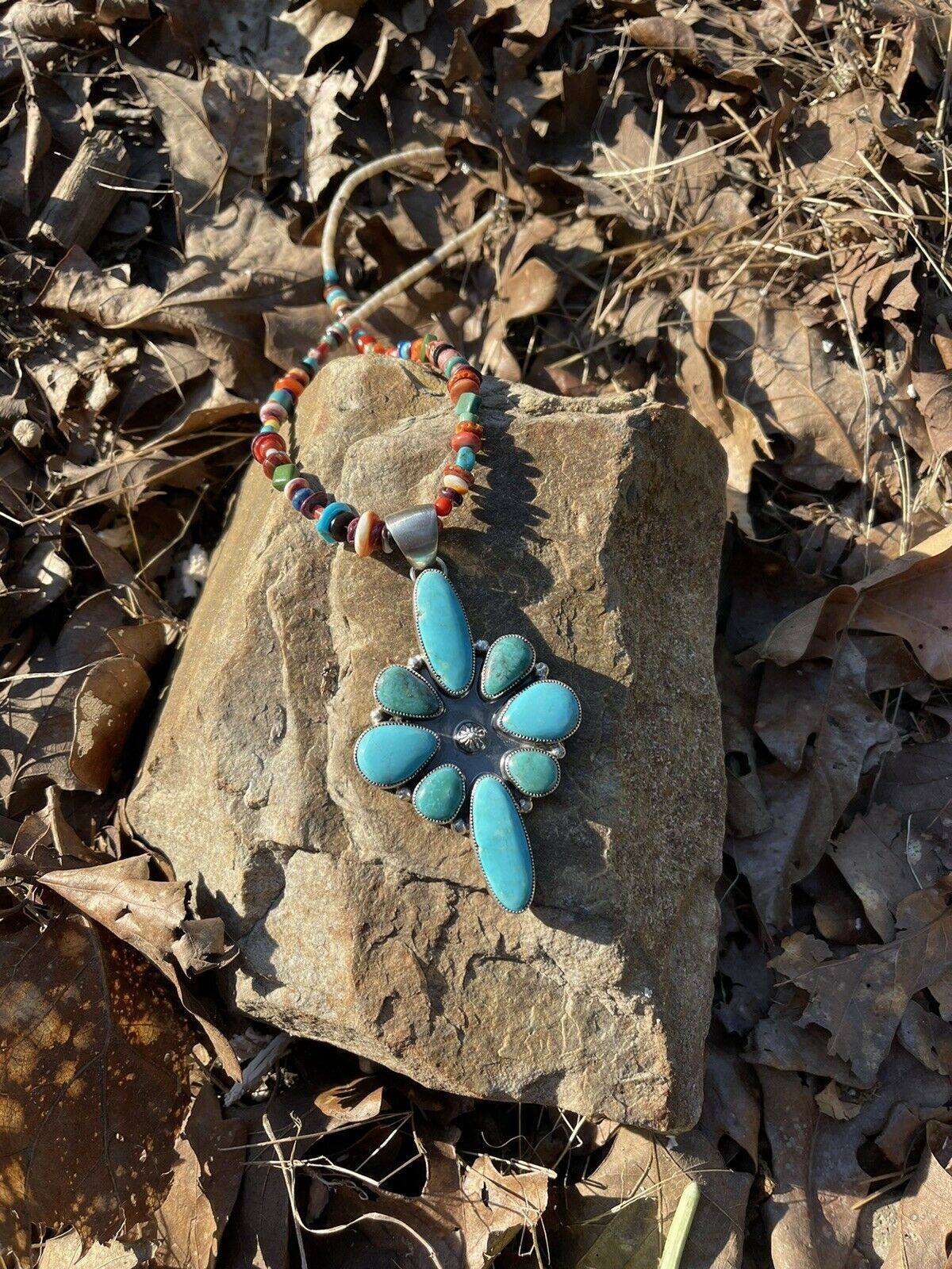 Handcrafted Multi Turquoise Cluster & Sterling Pendant Signed