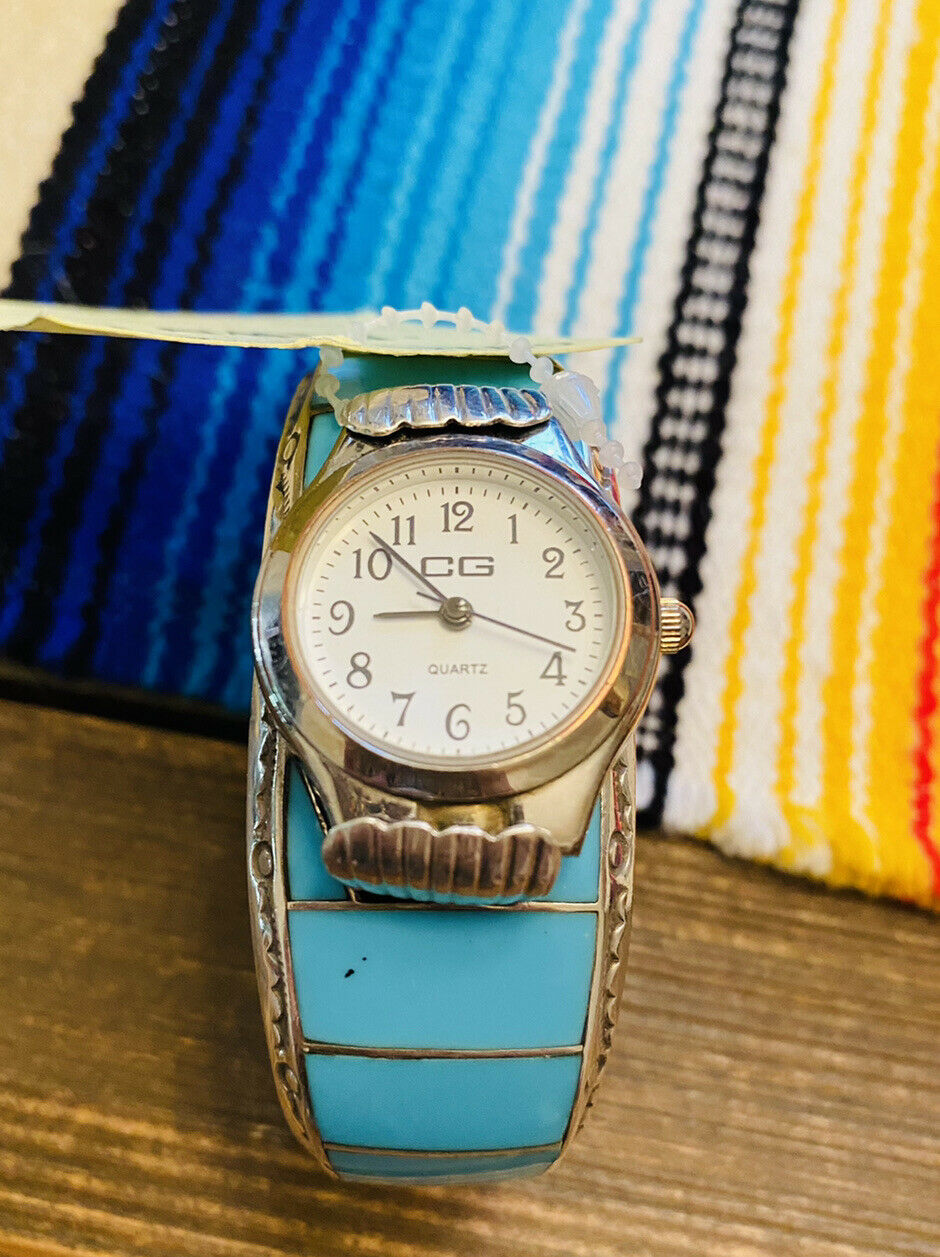 Handcrafted Vintage Turquoise & Sterling Silver Inlay Watch Cuff Signed