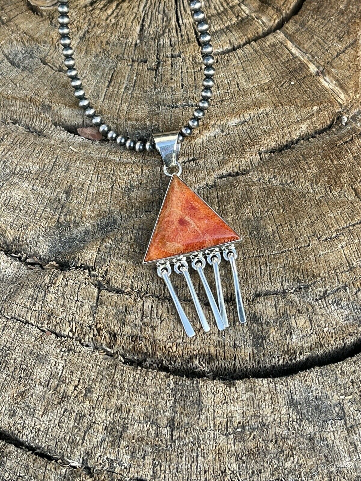 Handcrafted Sterling Silver Orange Spiny TrIangle Fringe Pendant Signed