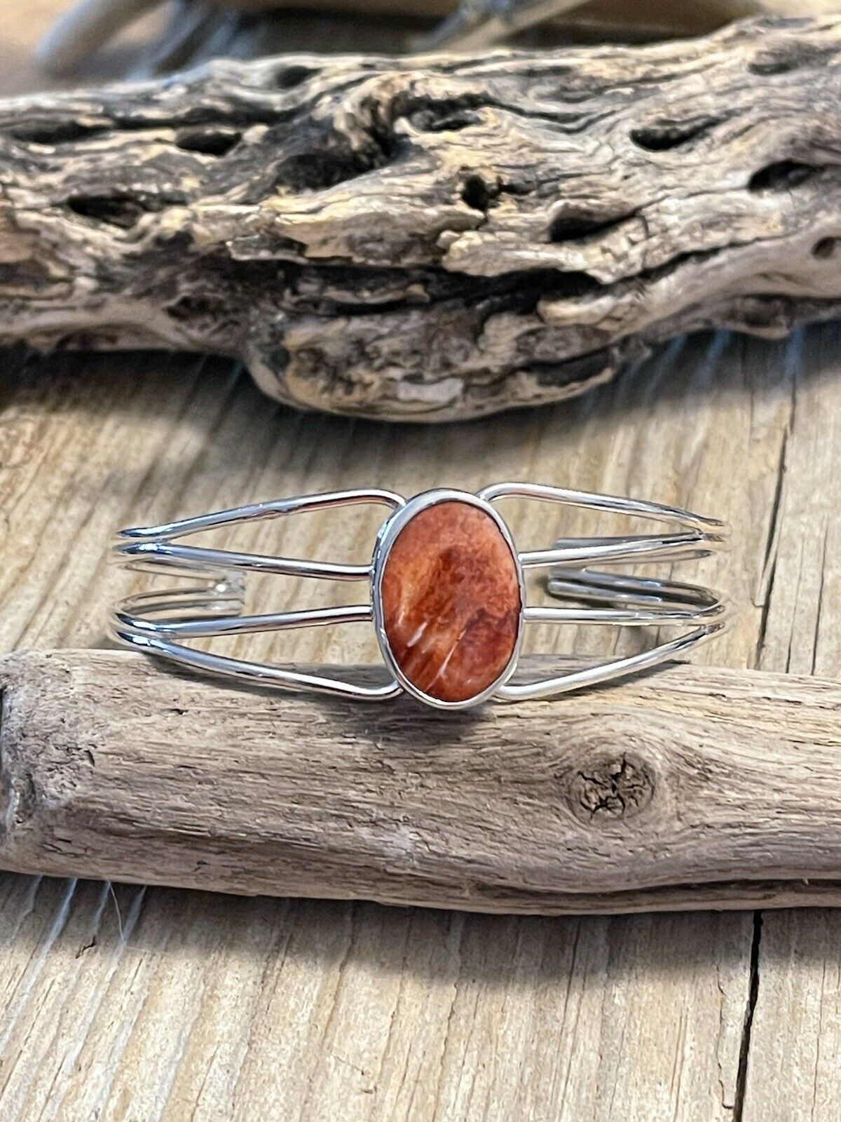 Handcrafted Orange Spiny Sterling Silver Bracelet Loop Cuff Stamped Begay