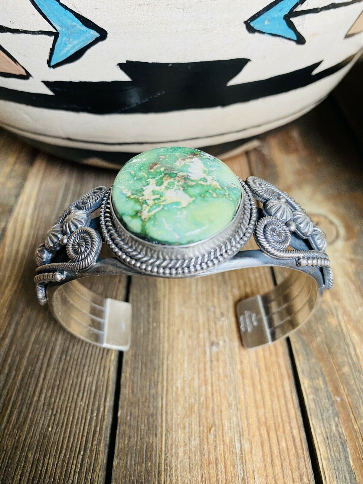 Handcrafted Sonoran Gold Turquoise & Sterling Silver Cuff Bracelet By M&R Calladitto