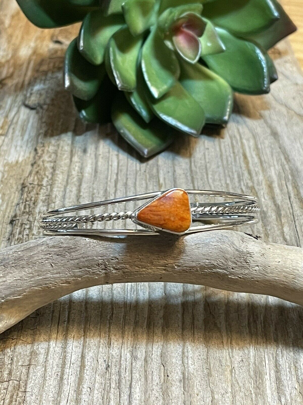 Handcrafted Triangle Orange Spiny Sterling Silver Bracelet Rope Style Cuff