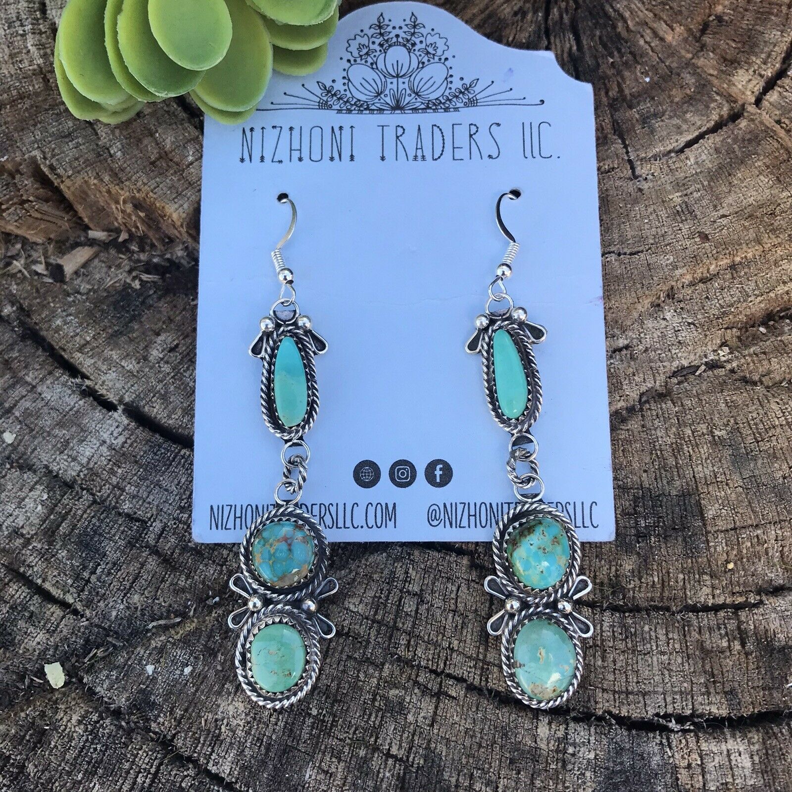 Handcrafted Mixed Turquoise & Sterling Silver Dangles Signed