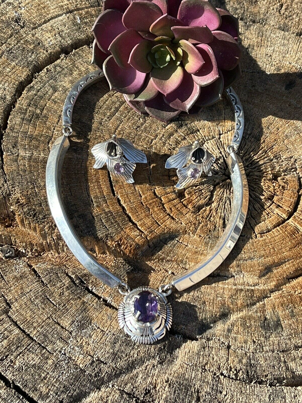 Handcrafted Vintage Amethyst & Sterling Silver Necklace and Earrings Set