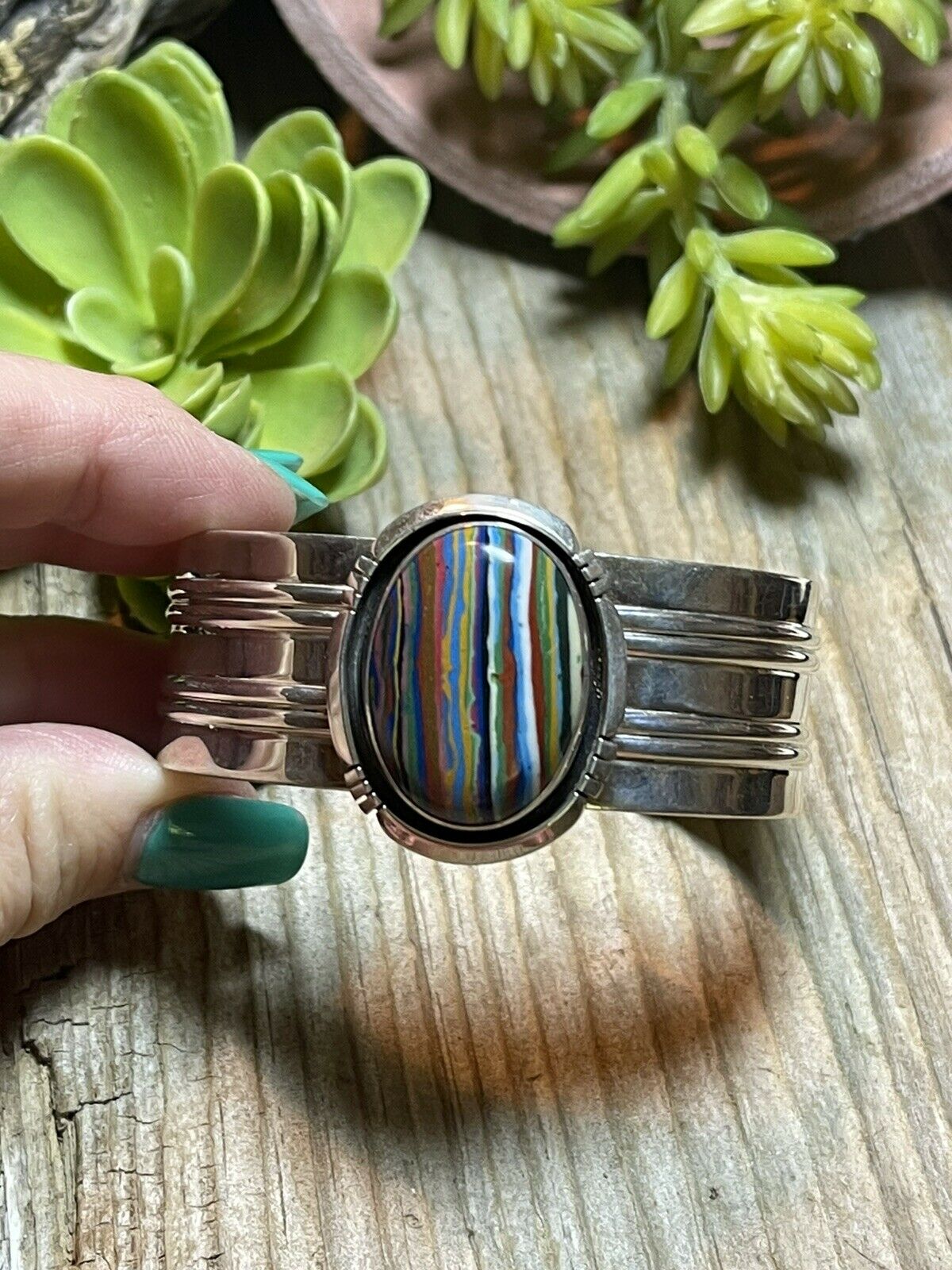Handcrafted Sterling Silver & Rainbow Stone Signed Cuff Bracelet
