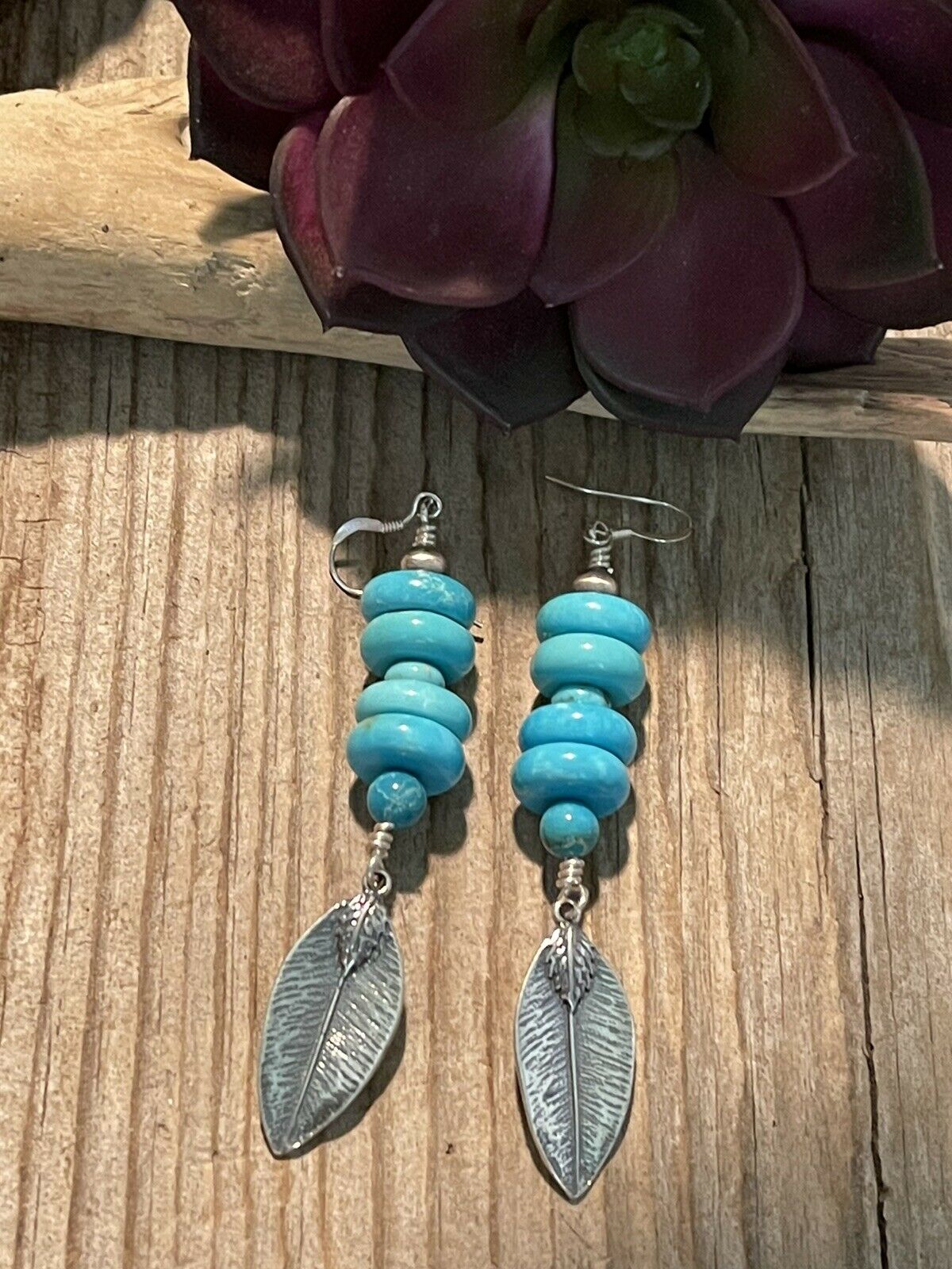 Handcrafted Sterling Silver & Blue Turquoise Leaf Dangle Earrings