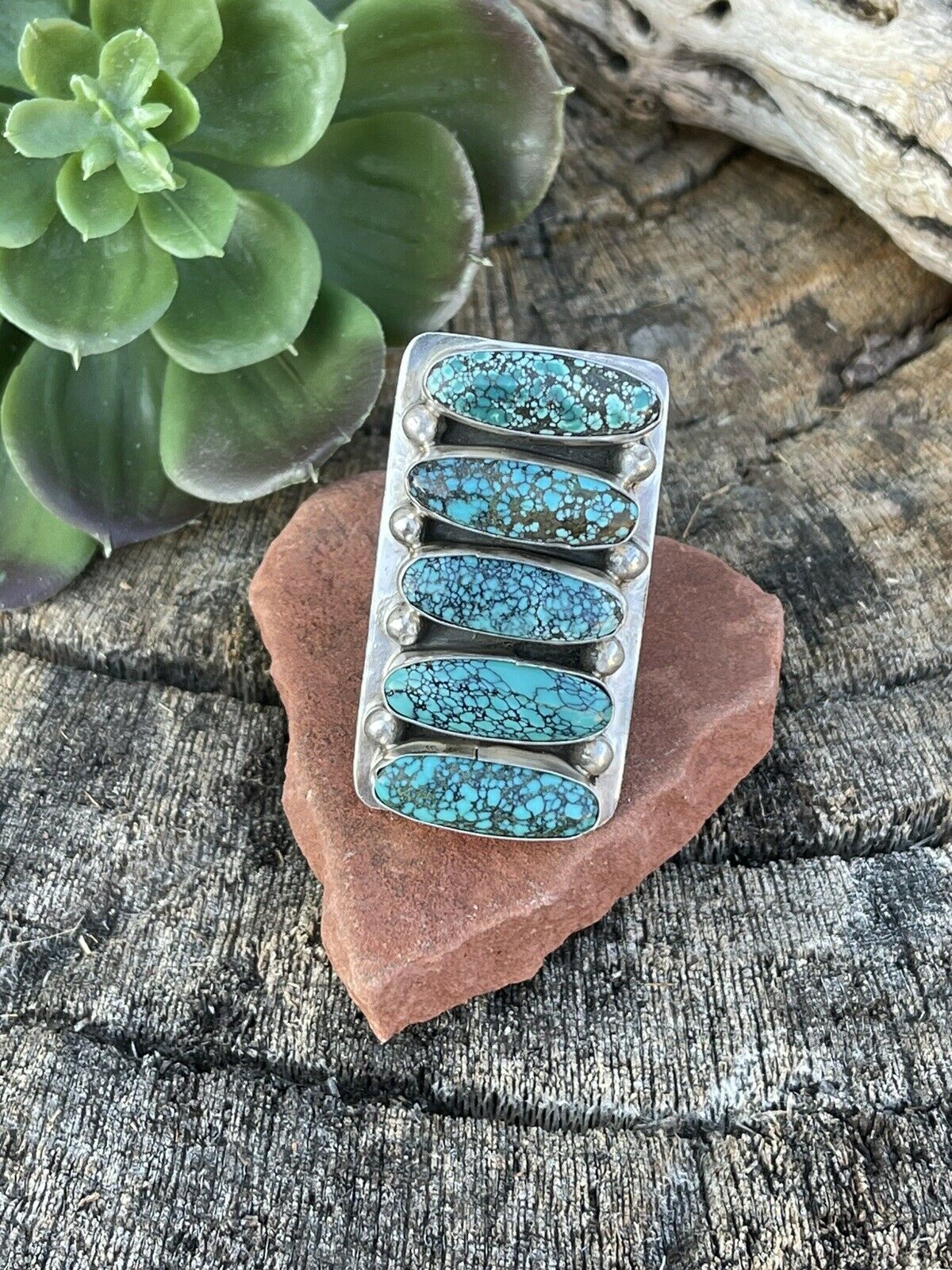 Handcrafted Blue Oval Turquoise & Sterling Silver Ring Sz 8 Signed