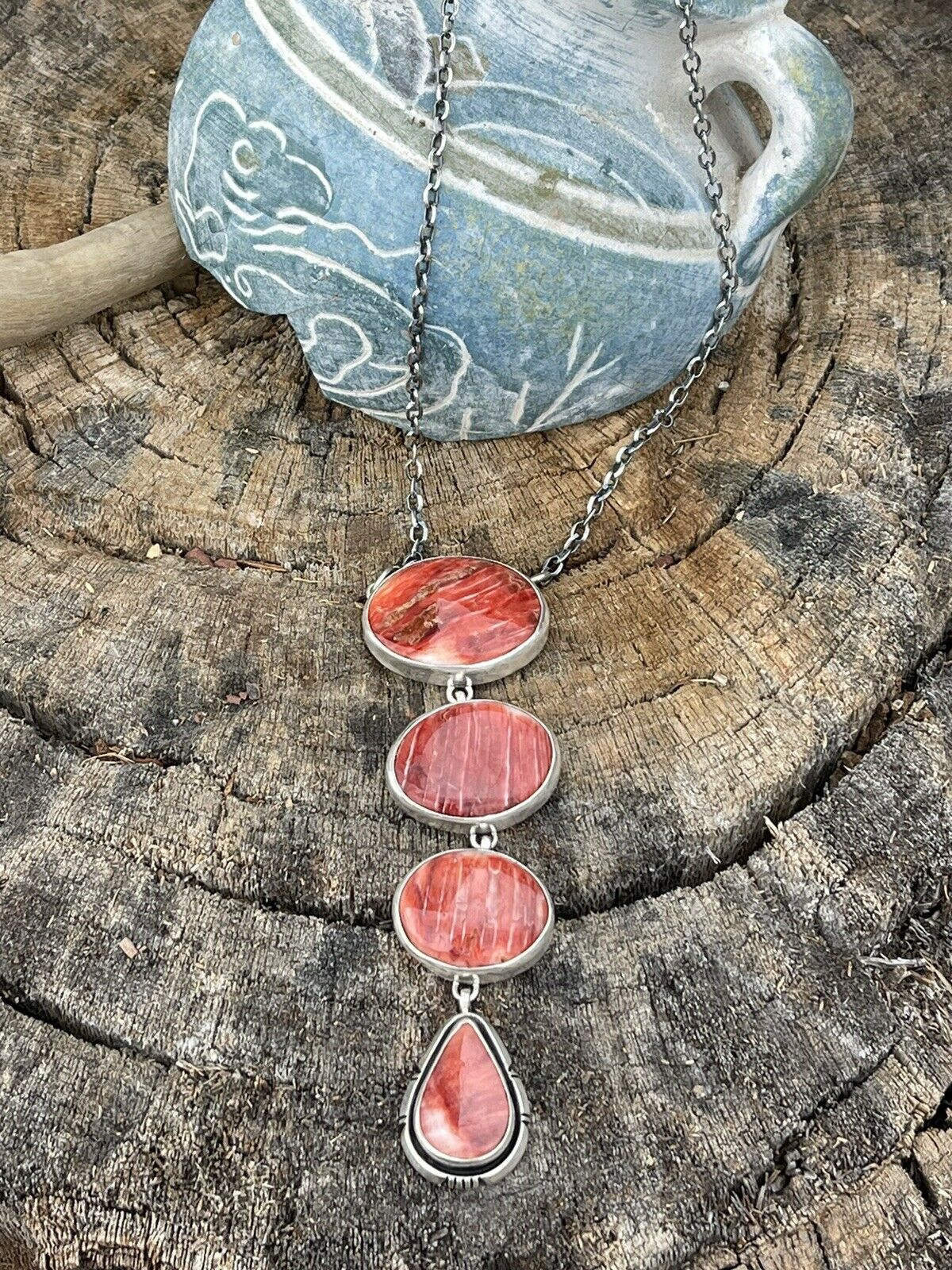 Handcrafted Orange Drop Spiny Sterling Silver Lariat Necklace