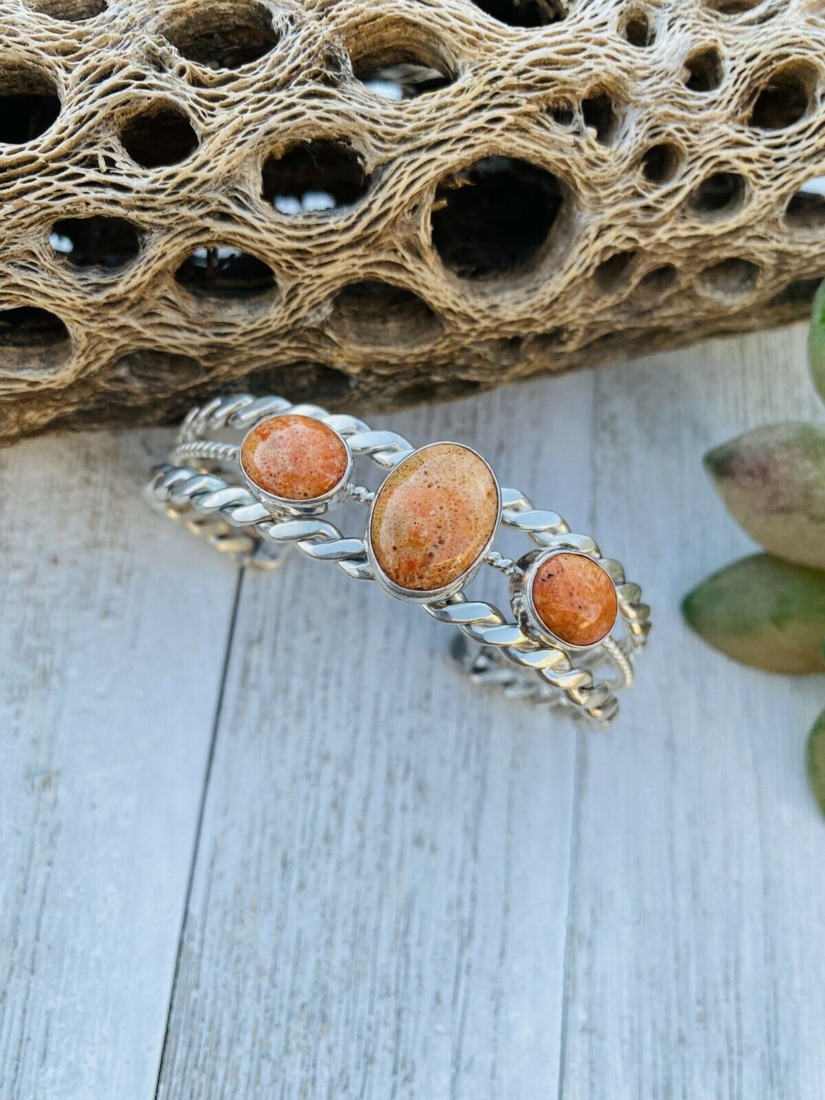 Handcrafted Sterling Silver & Apple Coral Cuff Bracelet Signed