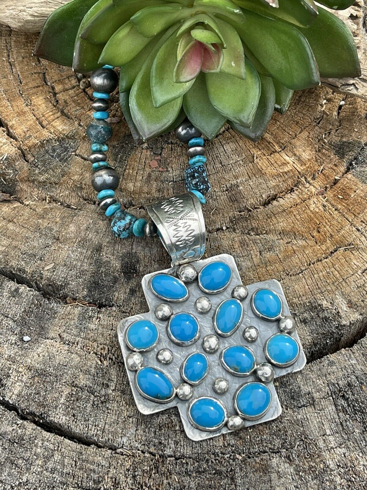 Handcrafted Mountain Blue Turquoise & Sterling Silver Southwest Cross Pendant Signed