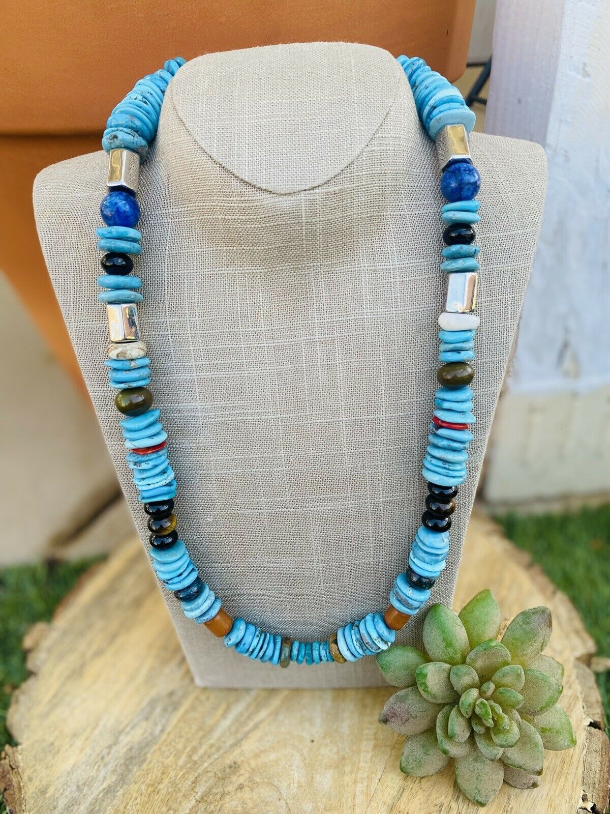 Handcrafted Vintage Sterling Silver & Multi Stone Beaded Necklace