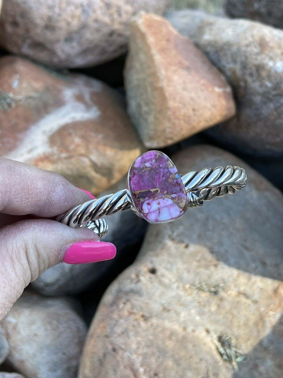 Handcrafted Pink Dream Mojave Sterling Silver Solid Twist Cuff
