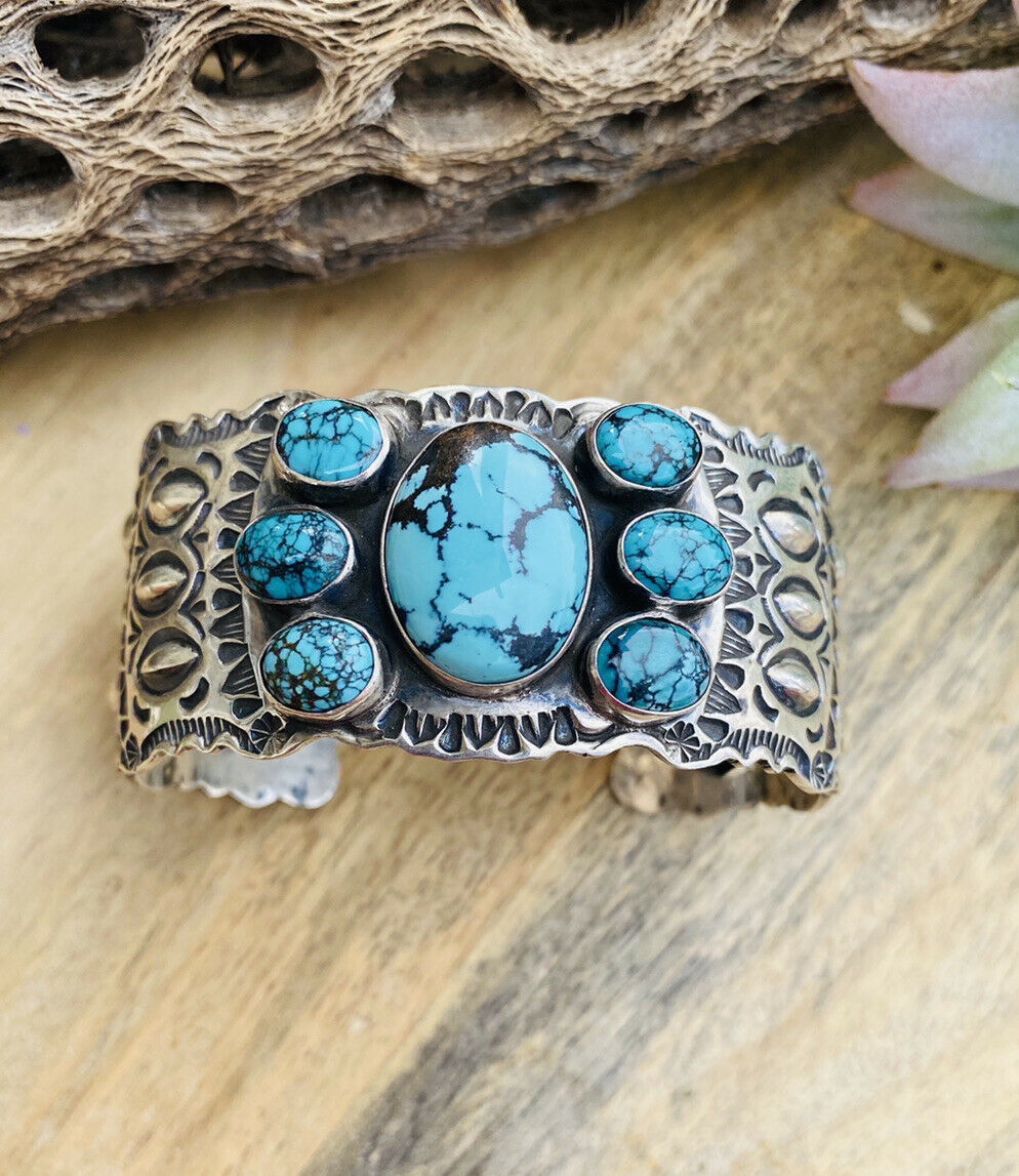 Vintage Navajo Turquoise & Sterling Silver Hand Stamped Cuff Bracelet /