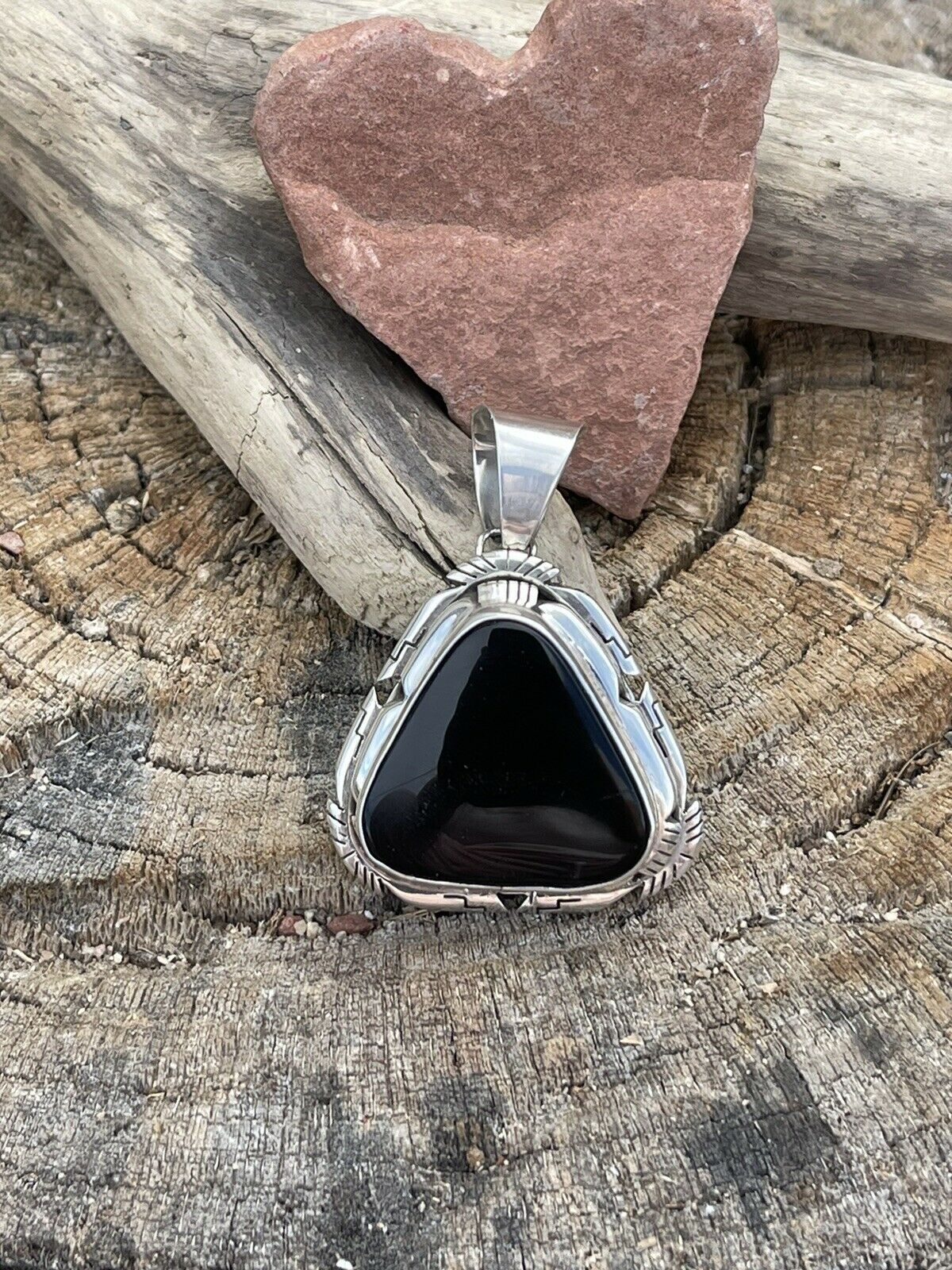 Handcrafted Sterling Silver Black Onyx Elegant Triangle Pendant Signed