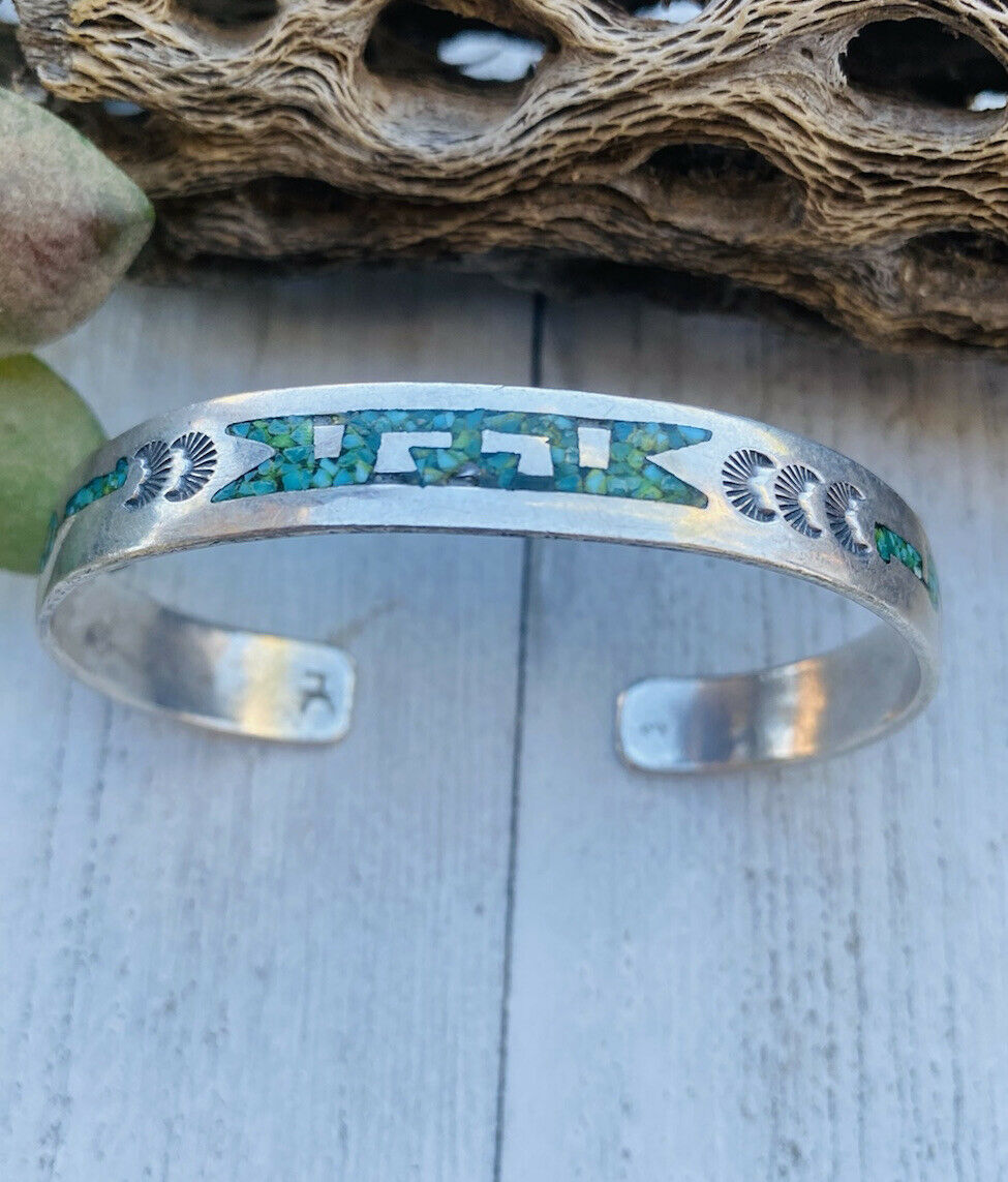 Handcrafted Vintage Turquoise, Coral & Sterling Silver Inlay Cuff Bracelet /