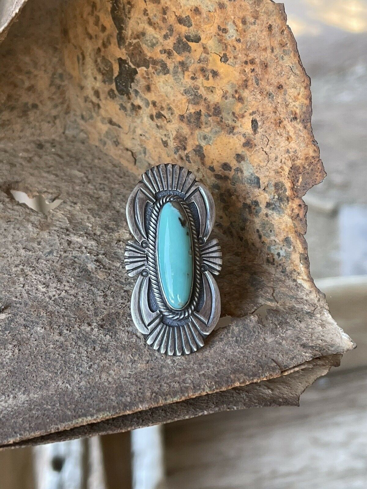 Handcrafted Turquoise & Sterling Silver Navajo Deco Ring Size 7.5