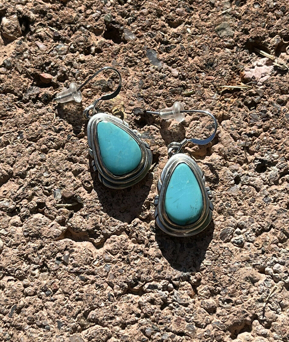 Handcrafted Sterling & Turquoise Teardrop Dangle Post Earrings Signed P. A Smith